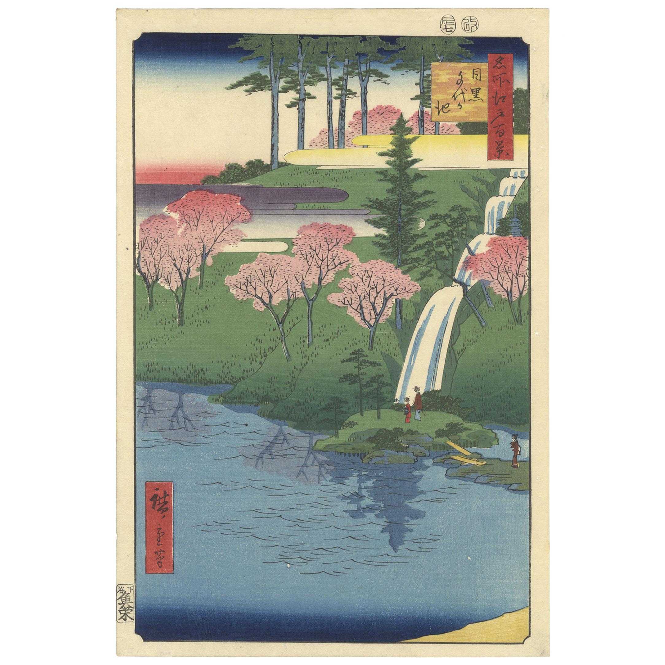 Original Japanese Woodblock Print, Ando Hiroshige, Landscape, Cherry Blossoms For Sale