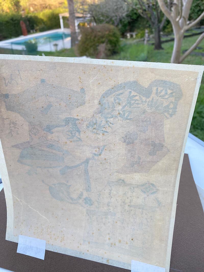 Rare, original Utagawa Hiroshige 19th century woodblock print. Beautiful Edo period print from the original publisher. Museum quality framed with conservation glass in an ebonized frame. 
Woodblock print, surimono, embellished with metallic
