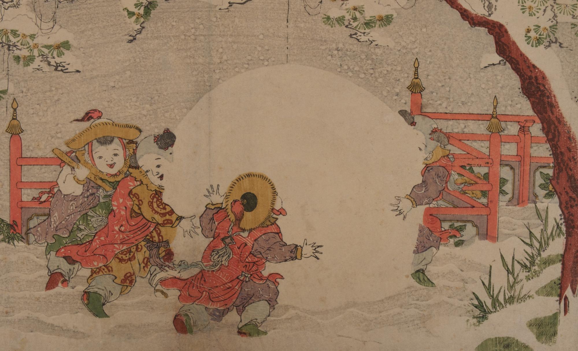 Original Japanese woodblock print by Katsukawa Shunsen (Shunko II) (1762- circa 1830): five karako (Chinese boys) in traditional garments at play in a snow covered garden, making an enormous snowball that is even larger then themselves. One of the