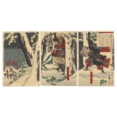 Original Japanese Woodblock Print, Snow, Samurai, Heike, Ukiyo-e, Floating World