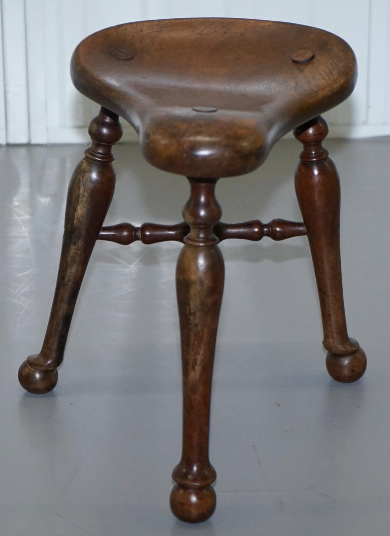 Original Jas Shoolbred Victorian Walnut Three Legged Saddle Stool Cock Fighting at 1stDibs