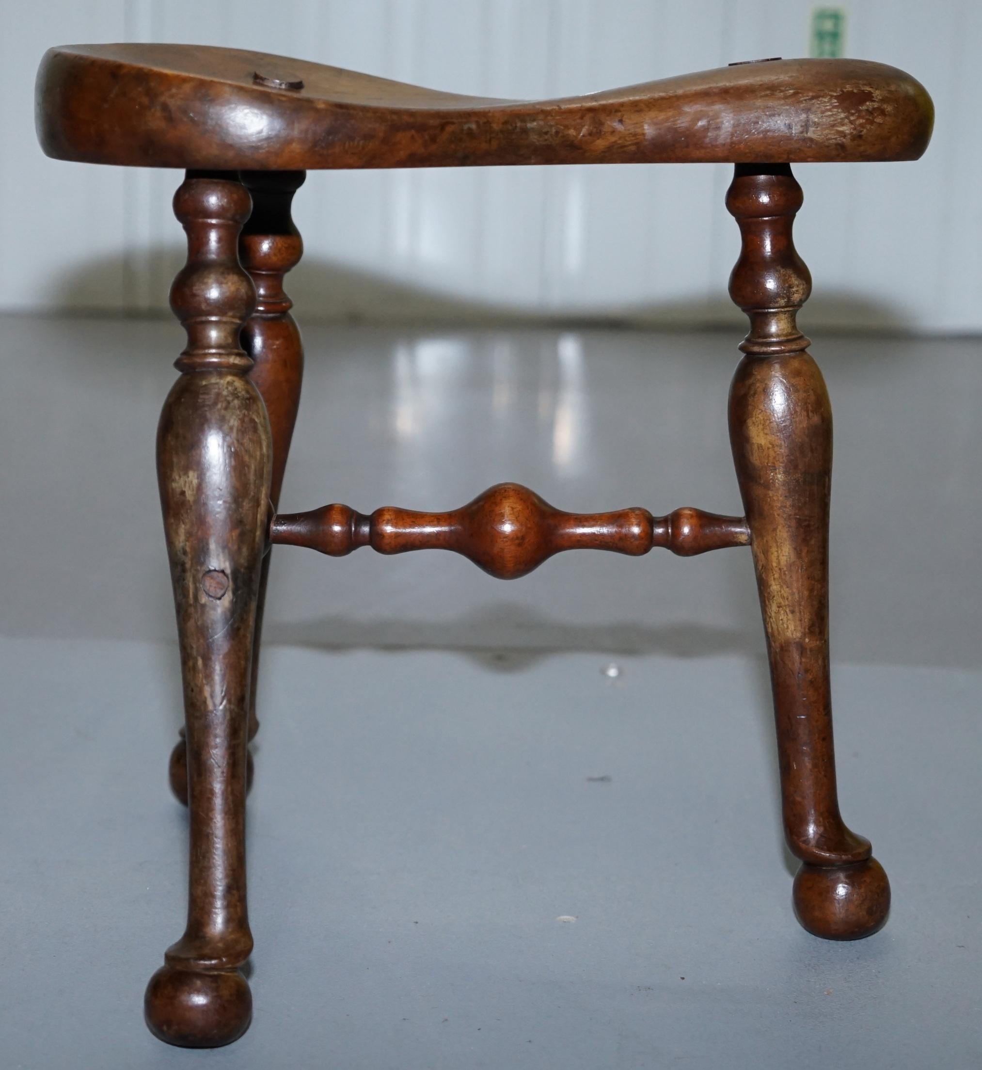 Original Jas Shoolbred Victorian Walnut Three Legged Saddle Stool Cock Fighting 1