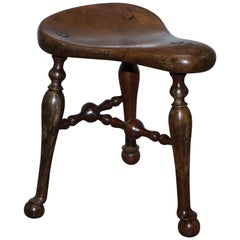 Original Jas Shoolbred Victorian Walnut Three Legged Saddle Stool Cock Fighting