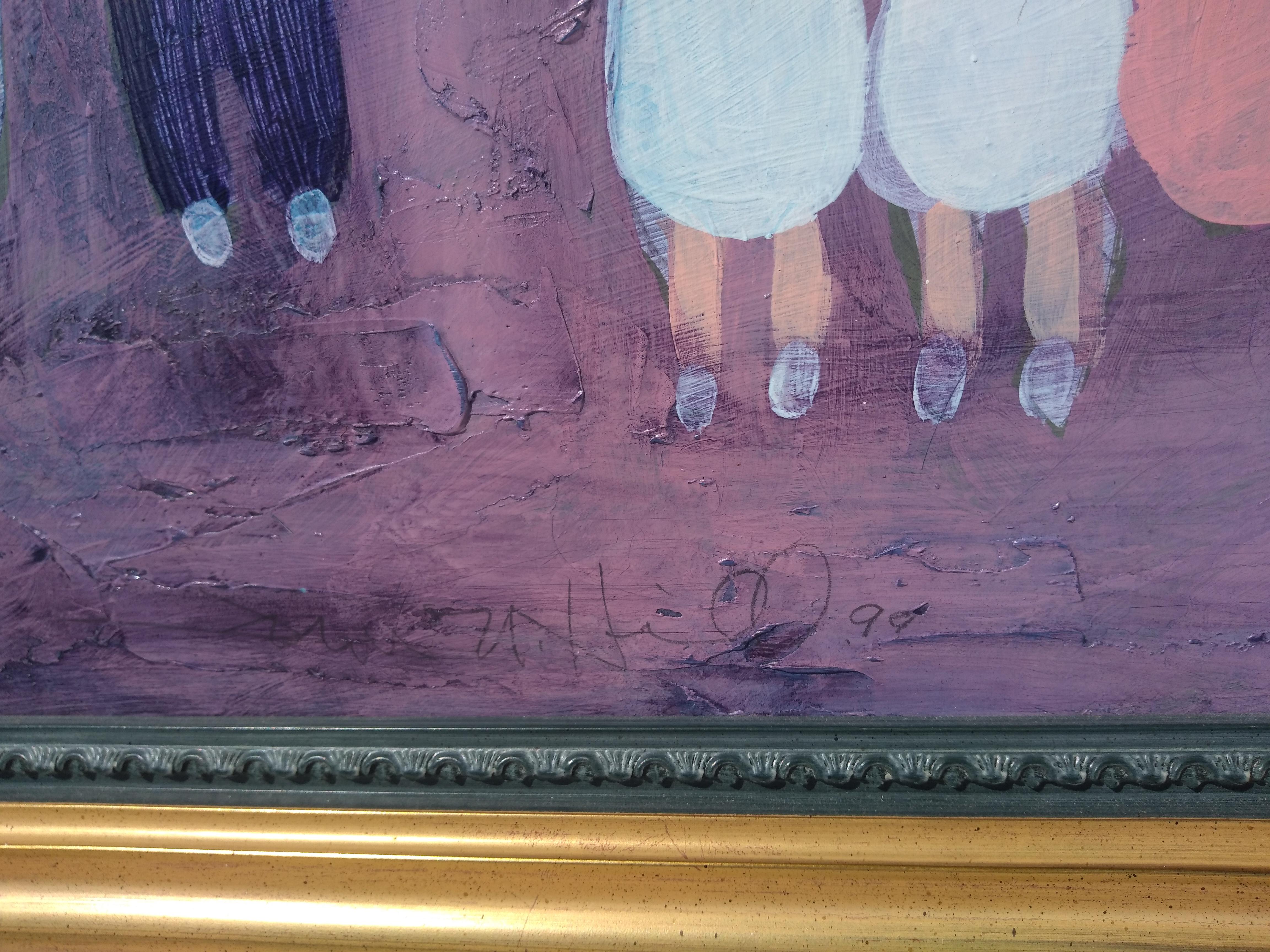 American Original Jim Hill Acrylic on Canvas City Street Scene For Sale