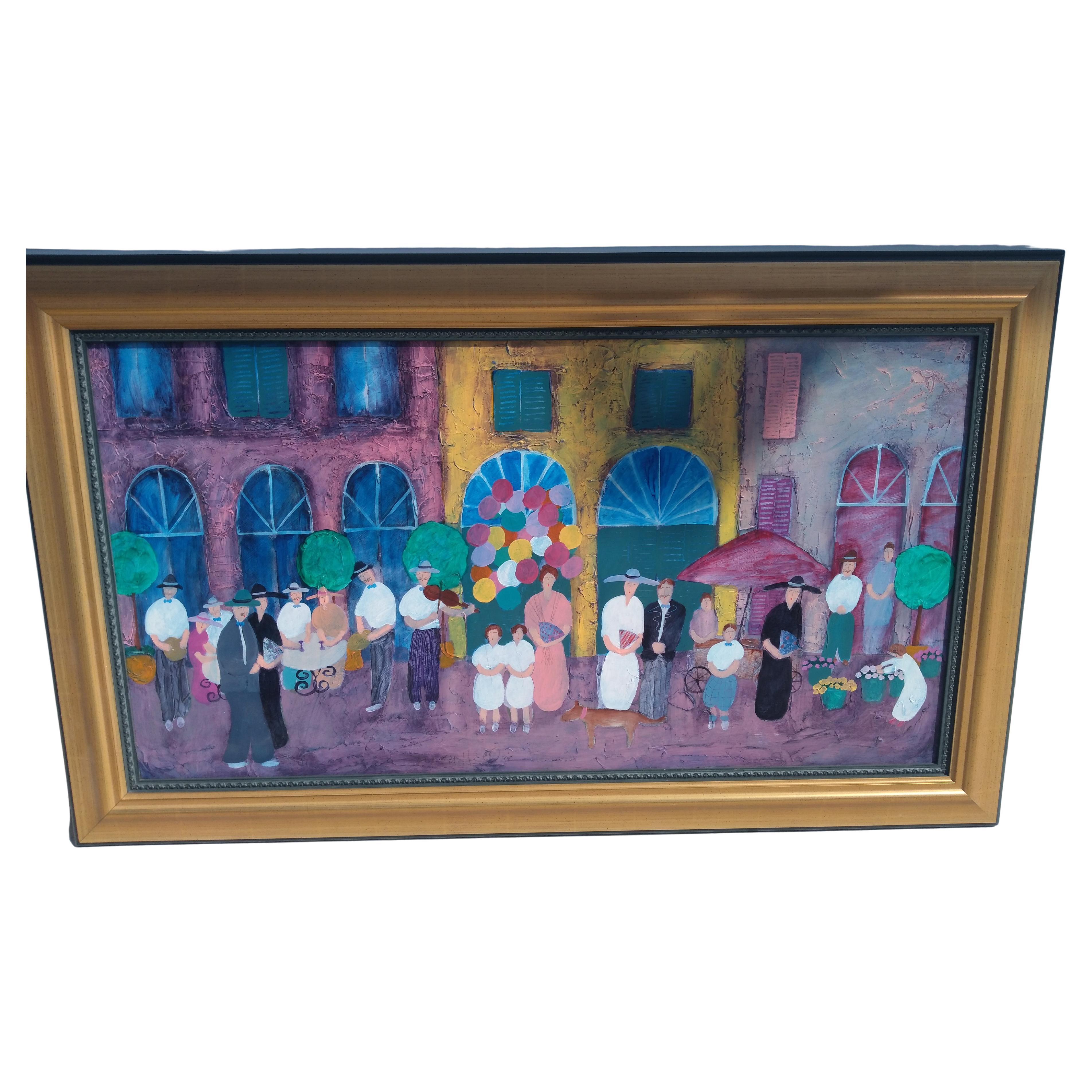 Original Jim Hill Acrylic on Canvas City Street Scene For Sale
