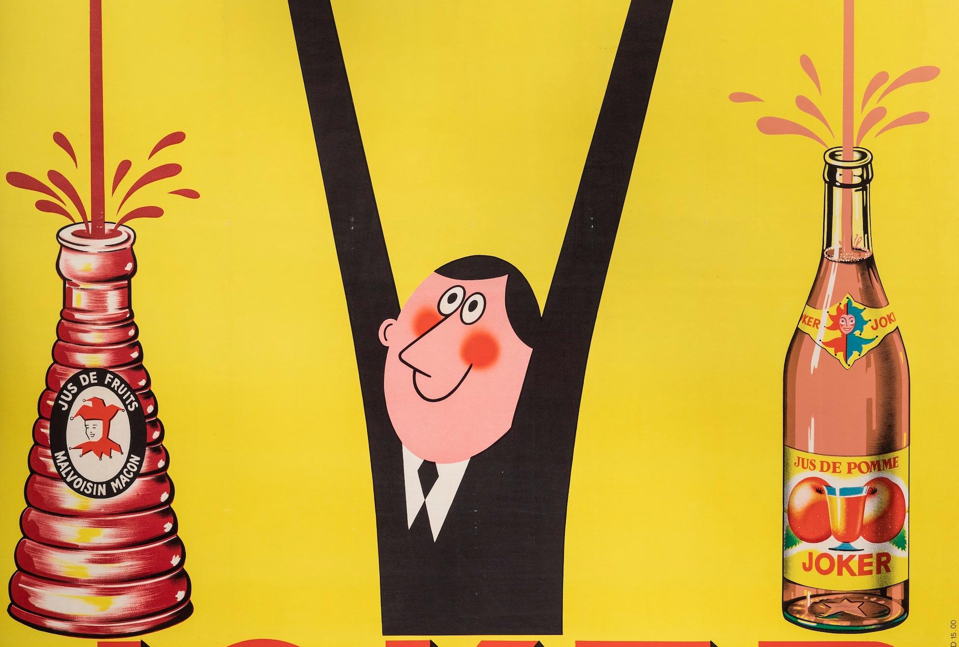 Poster created by Rick Cursat around 1950 for Joker fruit juice. 

Artist:  Rick Cursat  
Title: JOKER - Jus de Fruits - Macon (S et L)
Date: circa 1950-60
Size (w x h): 47.2 x 63 in / 120 x 160 cm
Printer: CHAUFOUR PARIS 
Materials and Techniques: