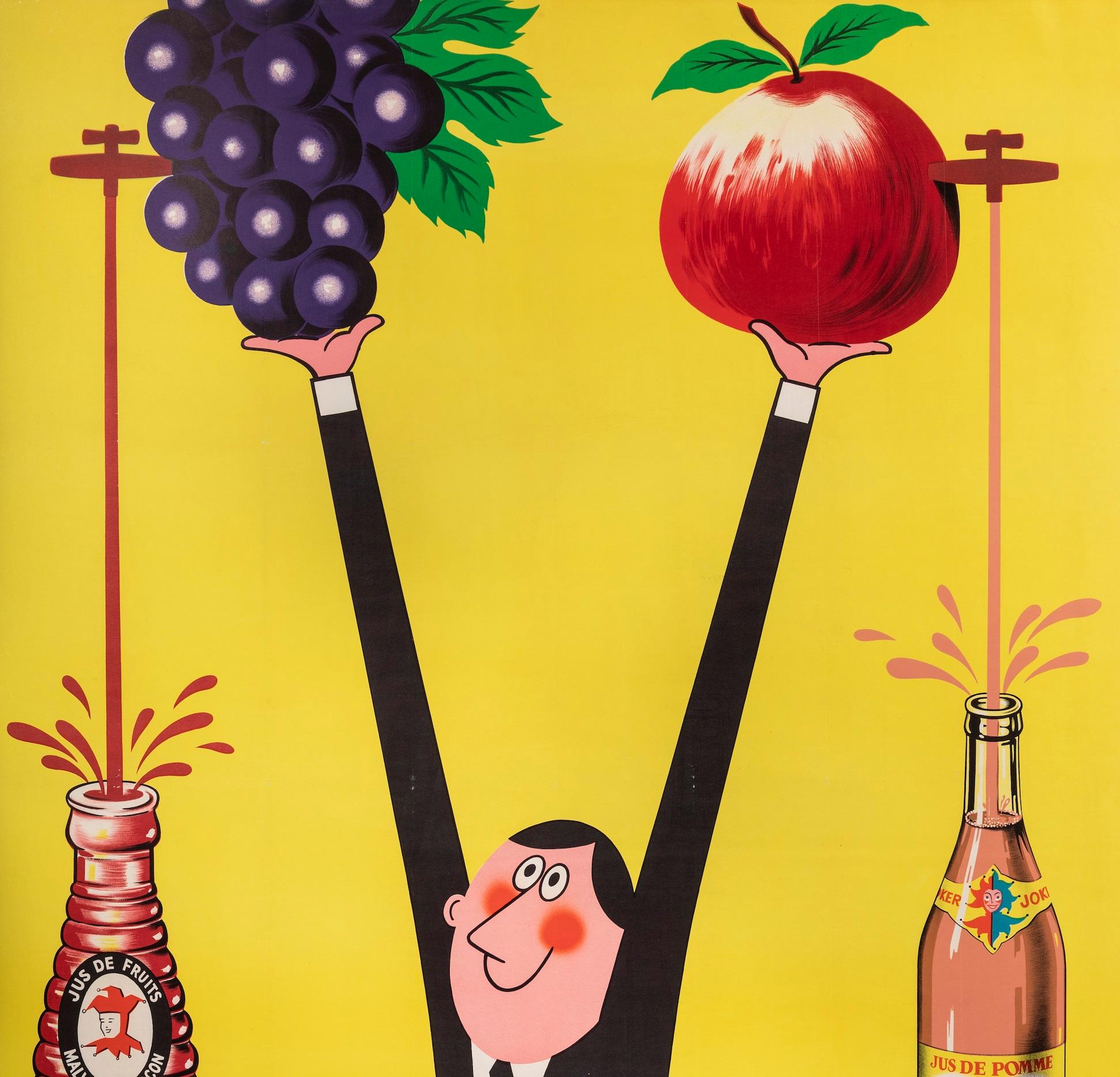 Mid-Century Modern Original Joker Jus Poster-Rick Cursat-Fruit Apple Grapes Mâcon, 1955 For Sale