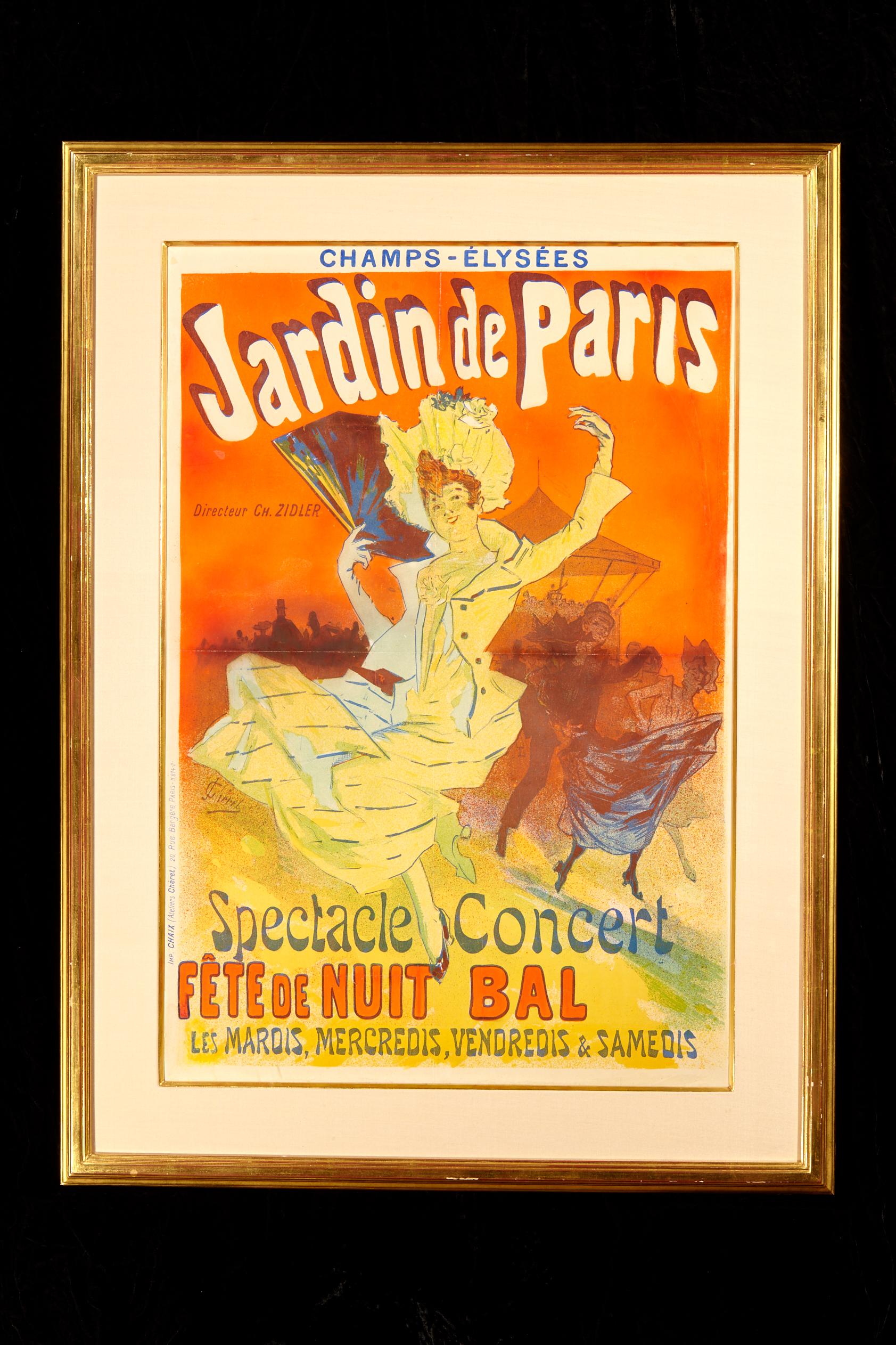 Jules Chéret (French, 1836-1932)
Jardin de Paris - Fête de nuit bal, 1890
Lithograph in colors on paper (crease lines visible)

Sheet: 32.5 x 23.3 inches (82.2 x 58.7 cm) 
Printed signature lower left
Printed by Chaix, Paris 

Framed dimensions 40.5
