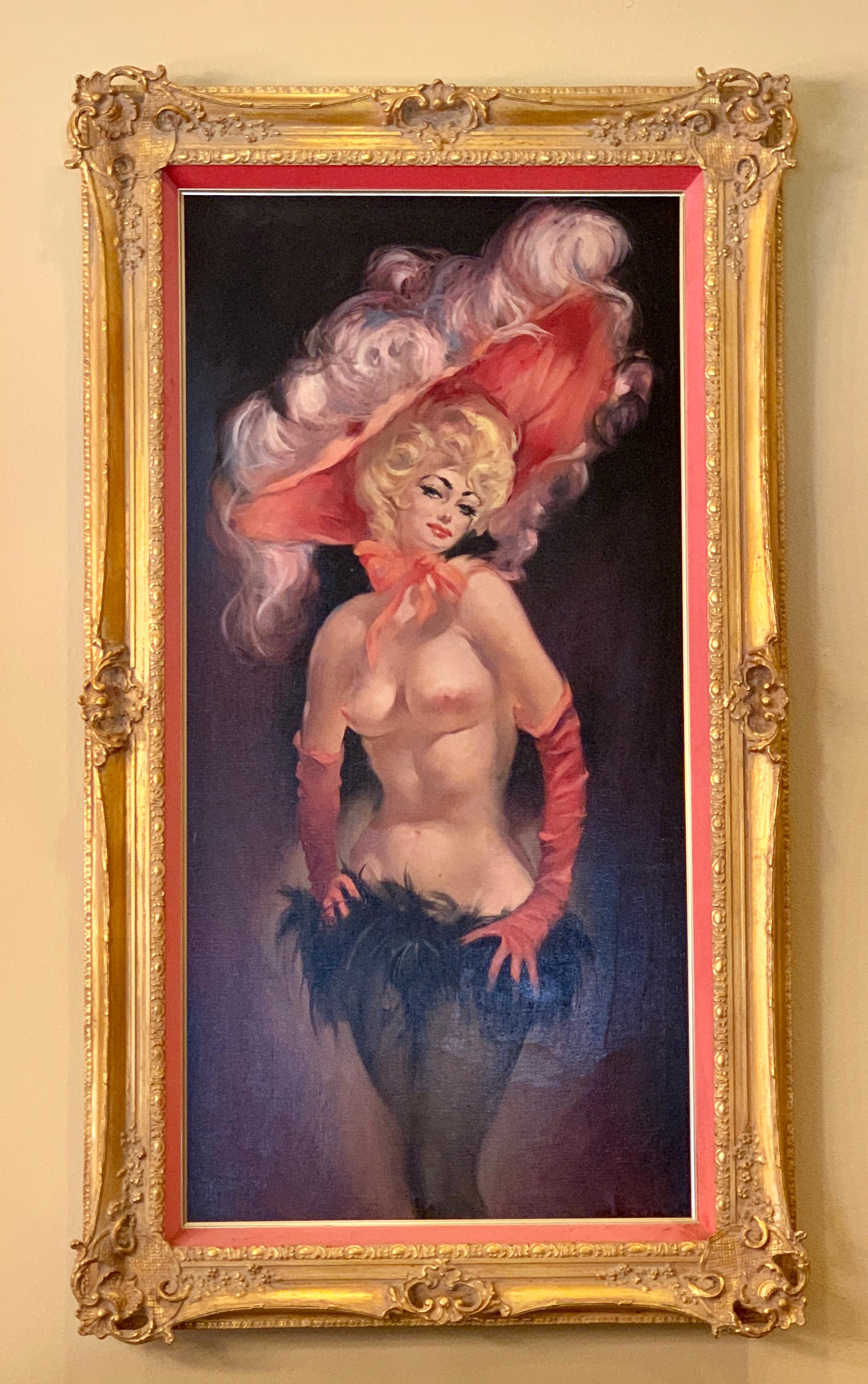 Lush and seductive original oil on Masonite estate painting from the mid twentieth century by famous listed, deceased American painter Julian Ritter (1909-2000). Painting depicts a bold and beautiful sexy blond haired showgirl with bare breasts, her