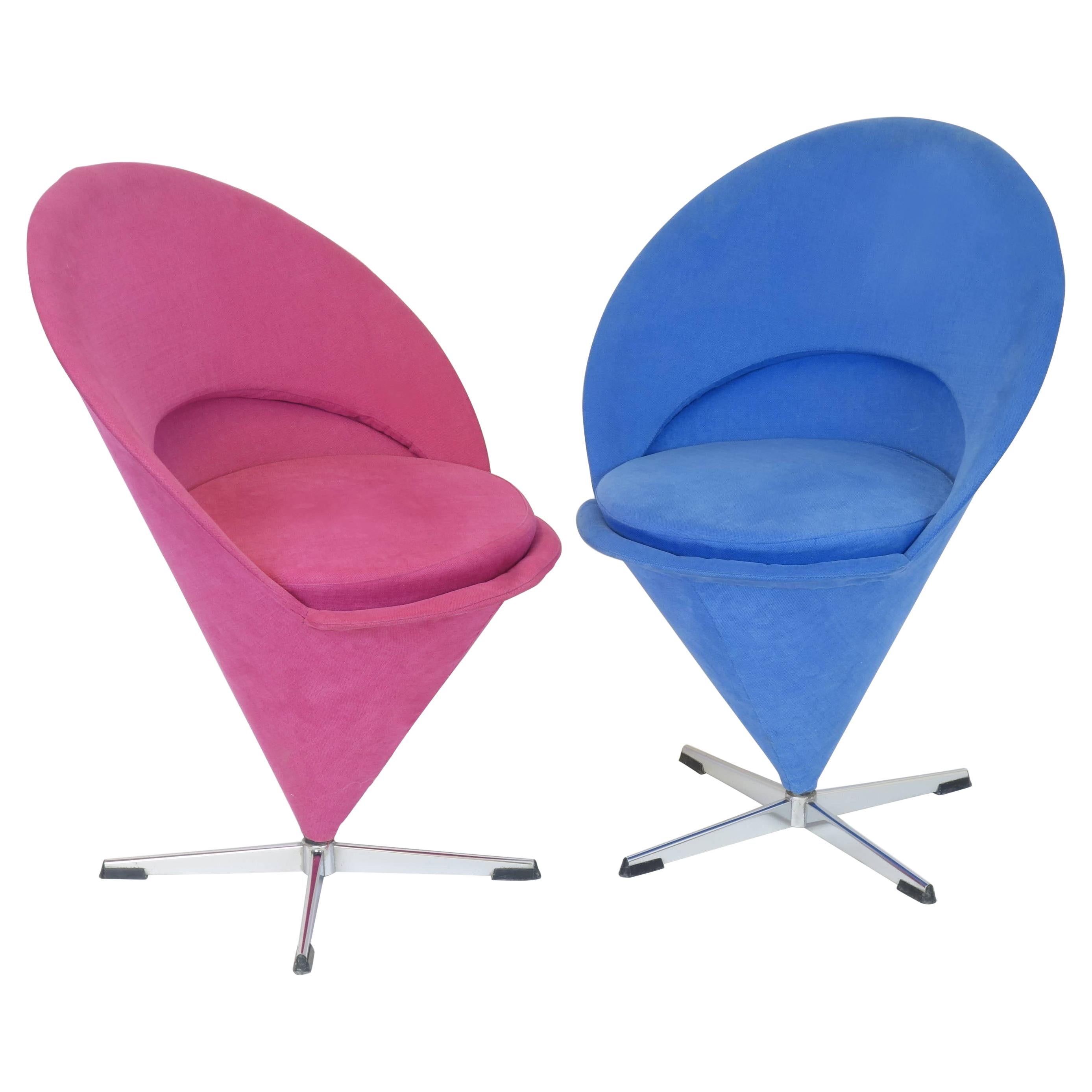 Original K1 Cone Chairs Design Blue Red by Verner Panton, Denmark, 1950s
