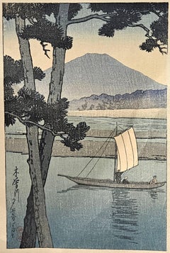 Original KAWASE HASUI "Mount Fuji Sailboat" Postcard-Sized Woodblock Print