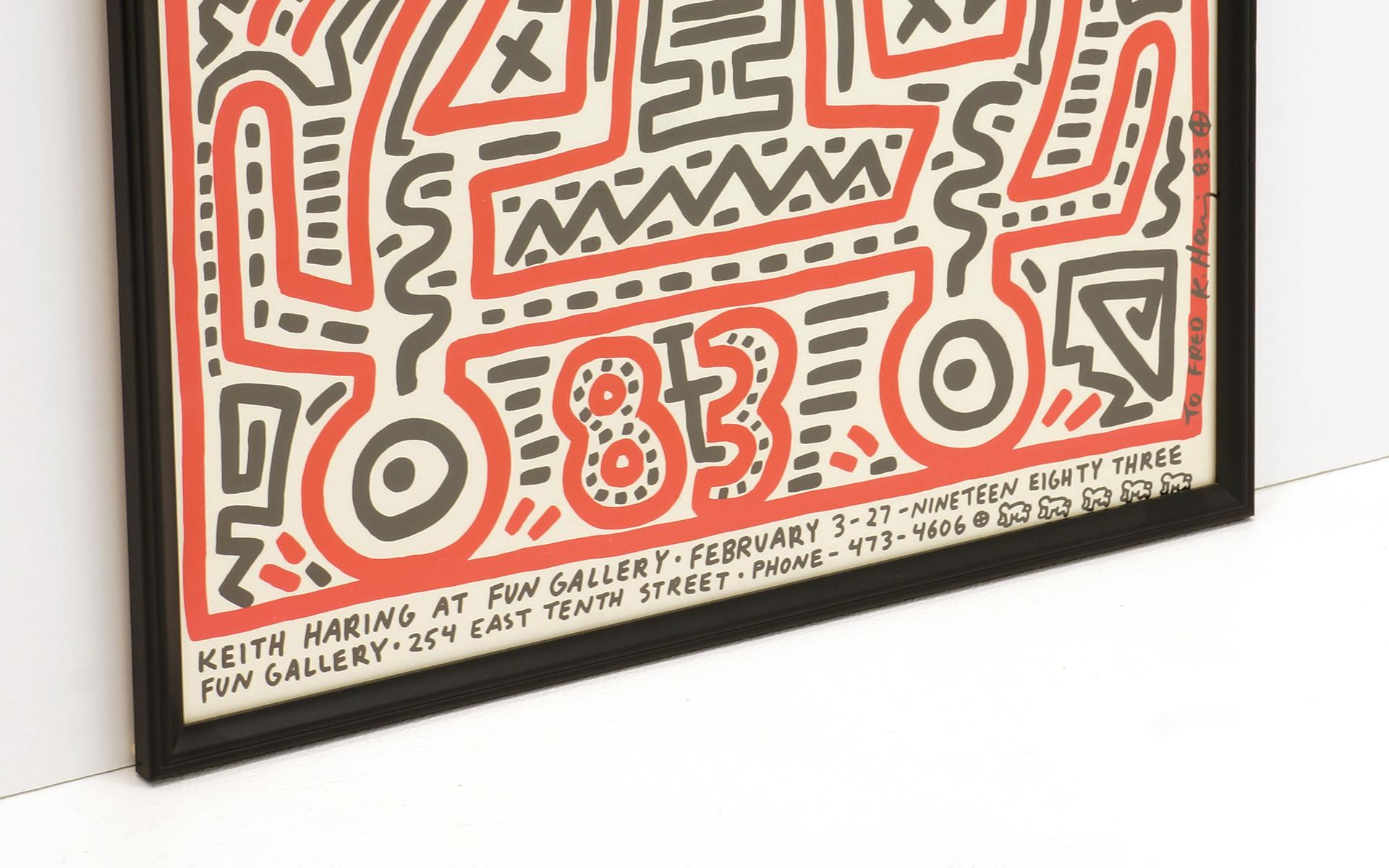 Original Keith Haring signed poster. Obtained from the estate of the original owner. Also see our listing for a signed Haring, Italia 83. Both are framed.
   