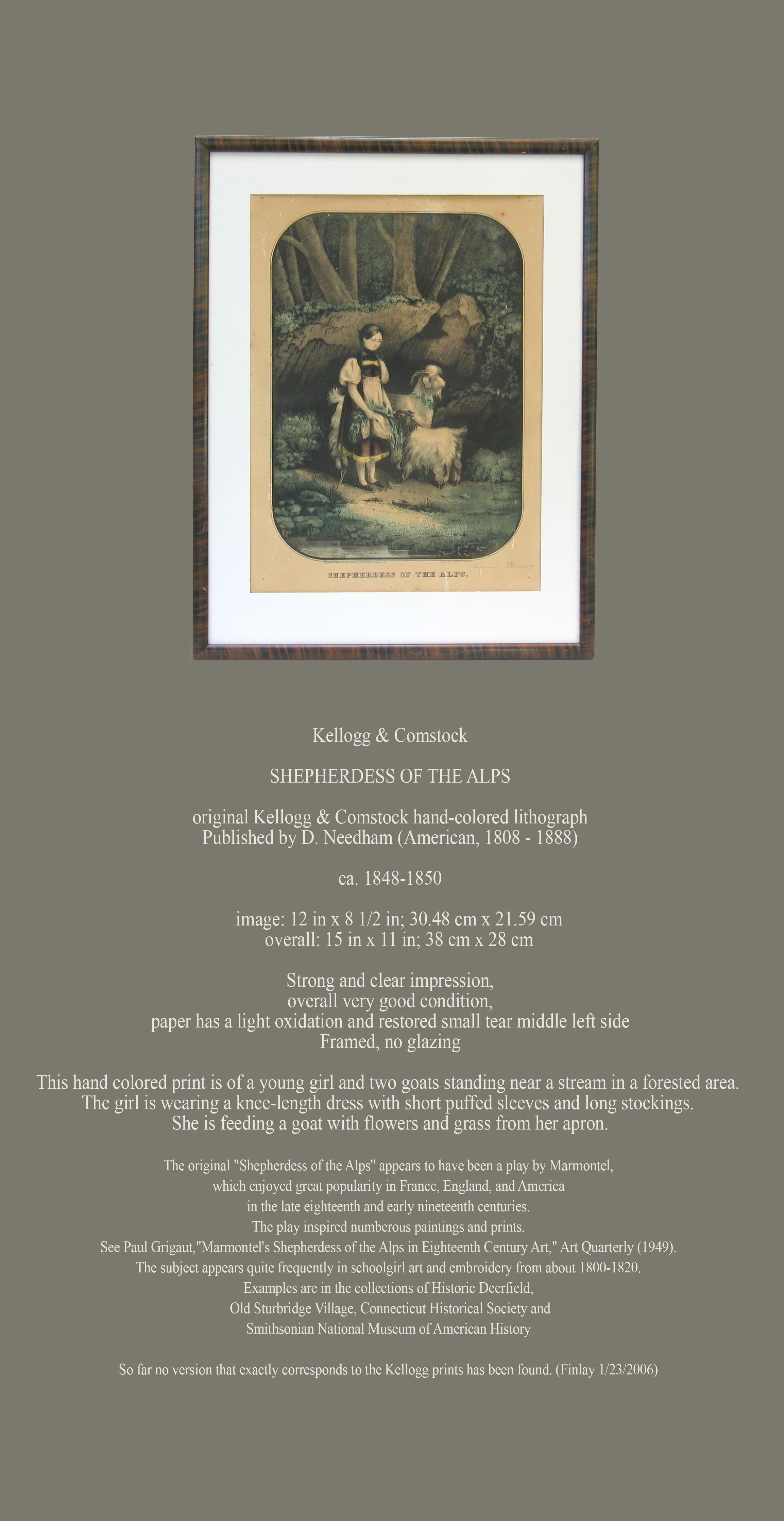 Kellogg & Comstock

BERGÈRE DES ALPES

lithographie originale coloriée à la main de Kellogg & Comstock,
Publié par D. Needham (américain, 1808 - 1888).

Circa. 1848-1850.

image : 12 in x 8 1/2 in ; 30,48 cm x 21,59 cm.
dimensions hors