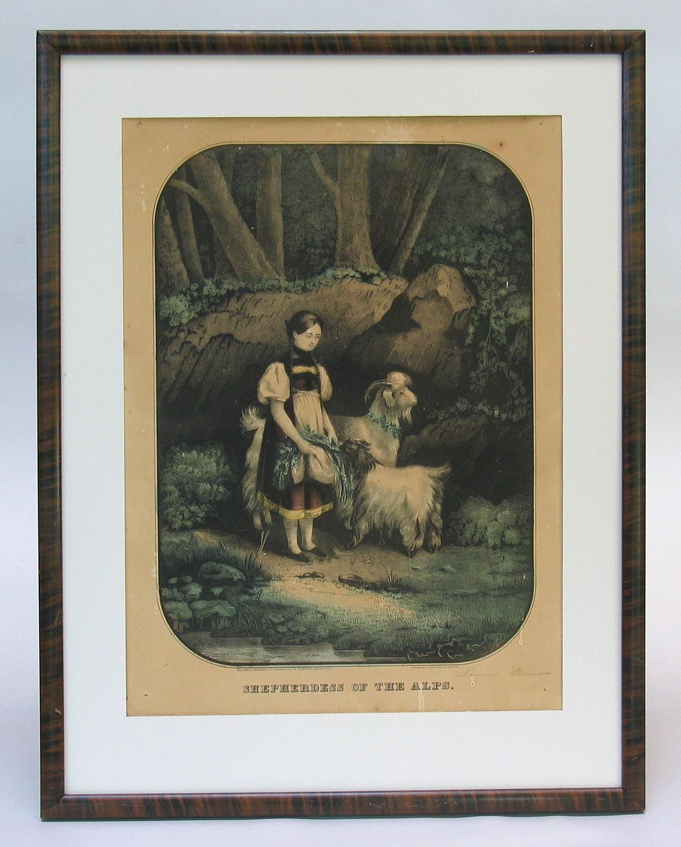 Classique américain Lithographie originale Kellogg & Comstock colorée à la main « Shepherdess of the Alps » (Femme des Alpes) en vente