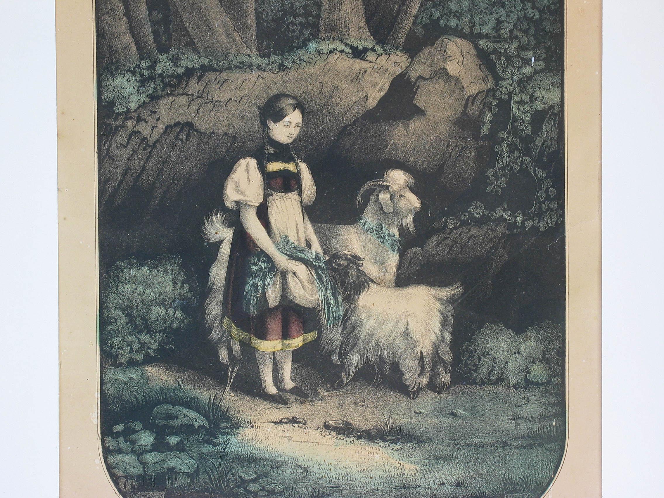 Peint à la main Lithographie originale Kellogg & Comstock colorée à la main « Shepherdess of the Alps » (Femme des Alpes) en vente