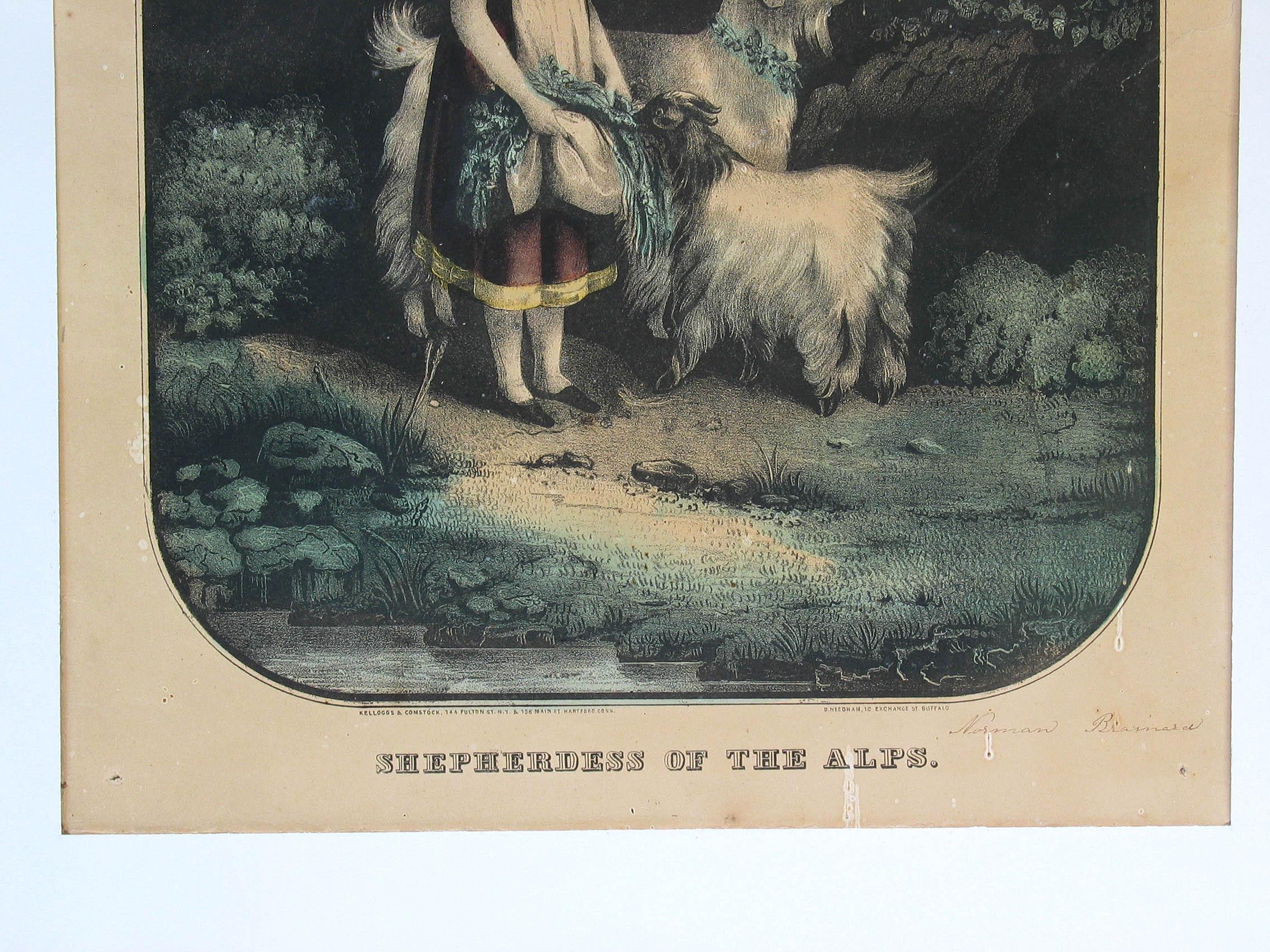 Milieu du XIXe siècle Lithographie originale Kellogg & Comstock colorée à la main « Shepherdess of the Alps » (Femme des Alpes) en vente