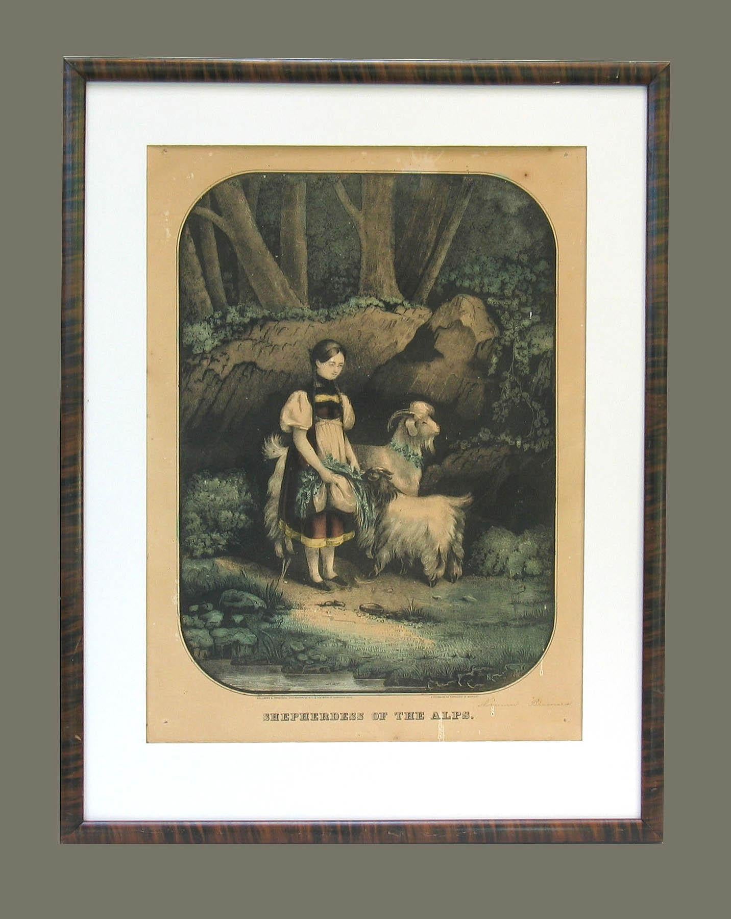 Papier Lithographie originale Kellogg & Comstock colorée à la main « Shepherdess of the Alps » (Femme des Alpes) en vente