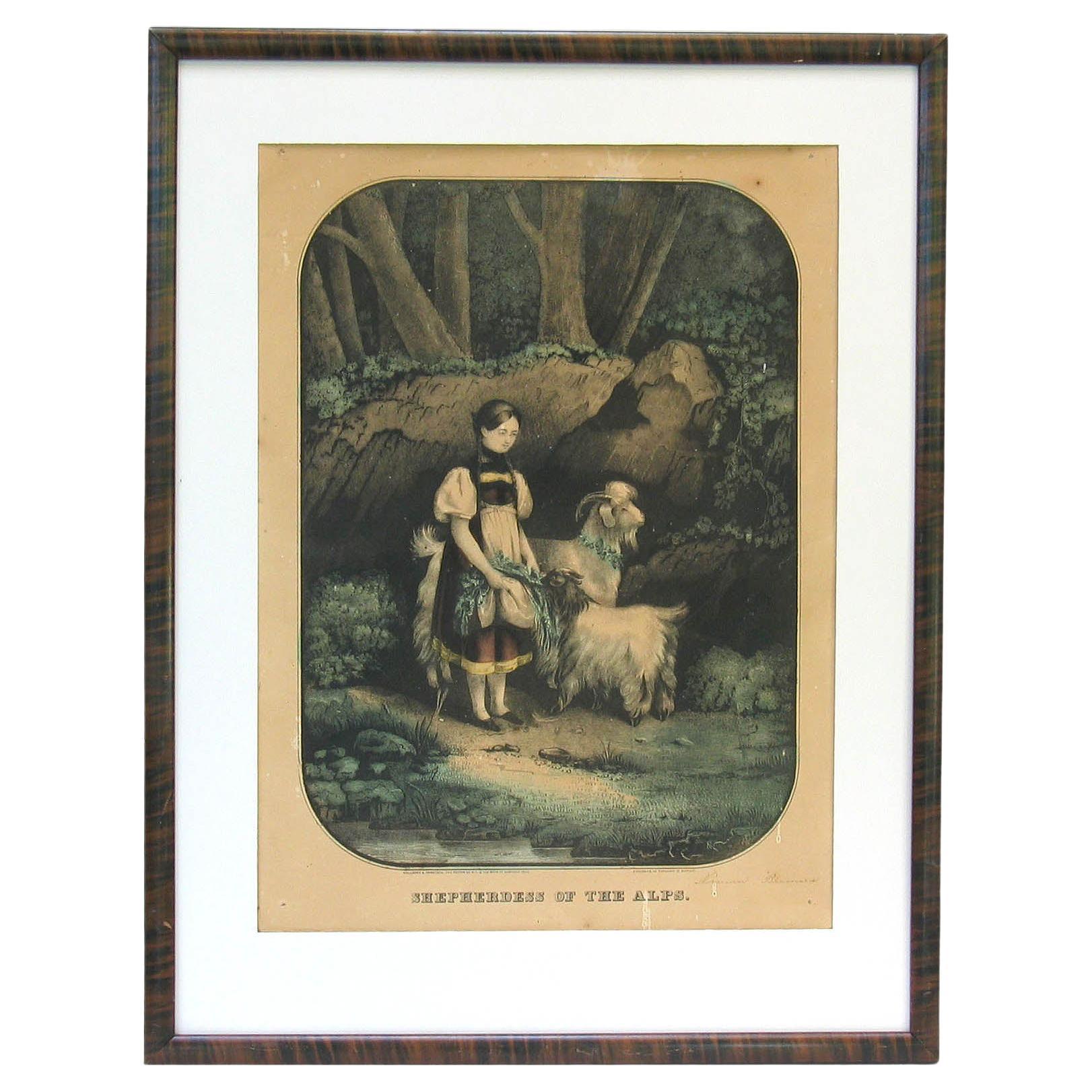 Lithographie originale Kellogg & Comstock colorée à la main « Shepherdess of the Alps » (Femme des Alpes) en vente