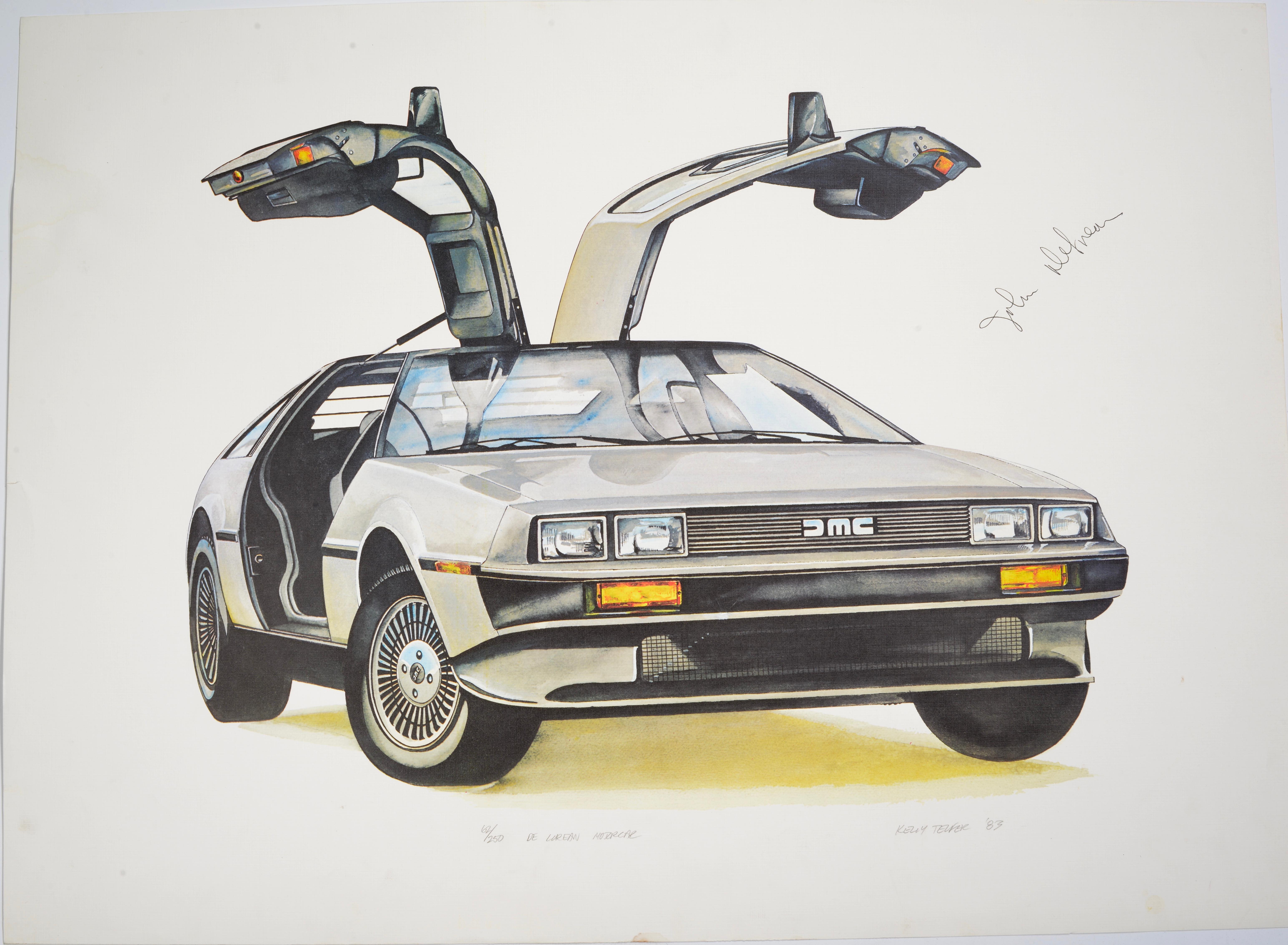We have 5 original Kelly Telfer Delorean lithographs signed and numbered by the artist and Autographed by John Delorean. We also have 10 artist proof lithograph of the same print. These were acquired from the estate of a friend of the artist.
 
