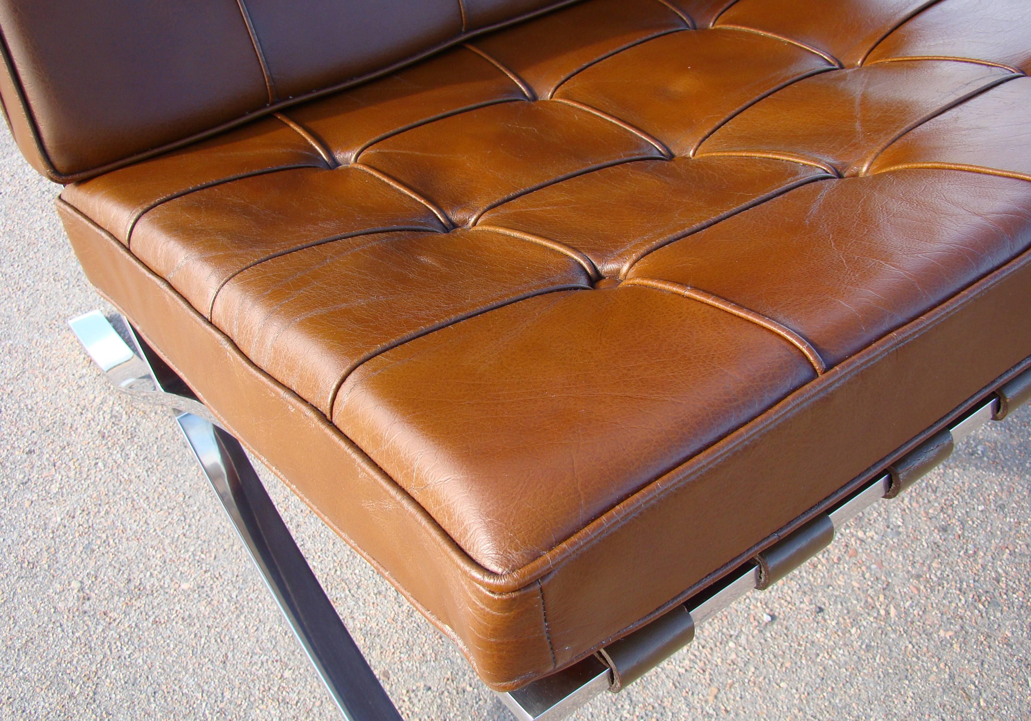 Original Knoll Barcelona Chair in Dark Caramel Leather and Stainless Steel In Good Condition In Denver, CO