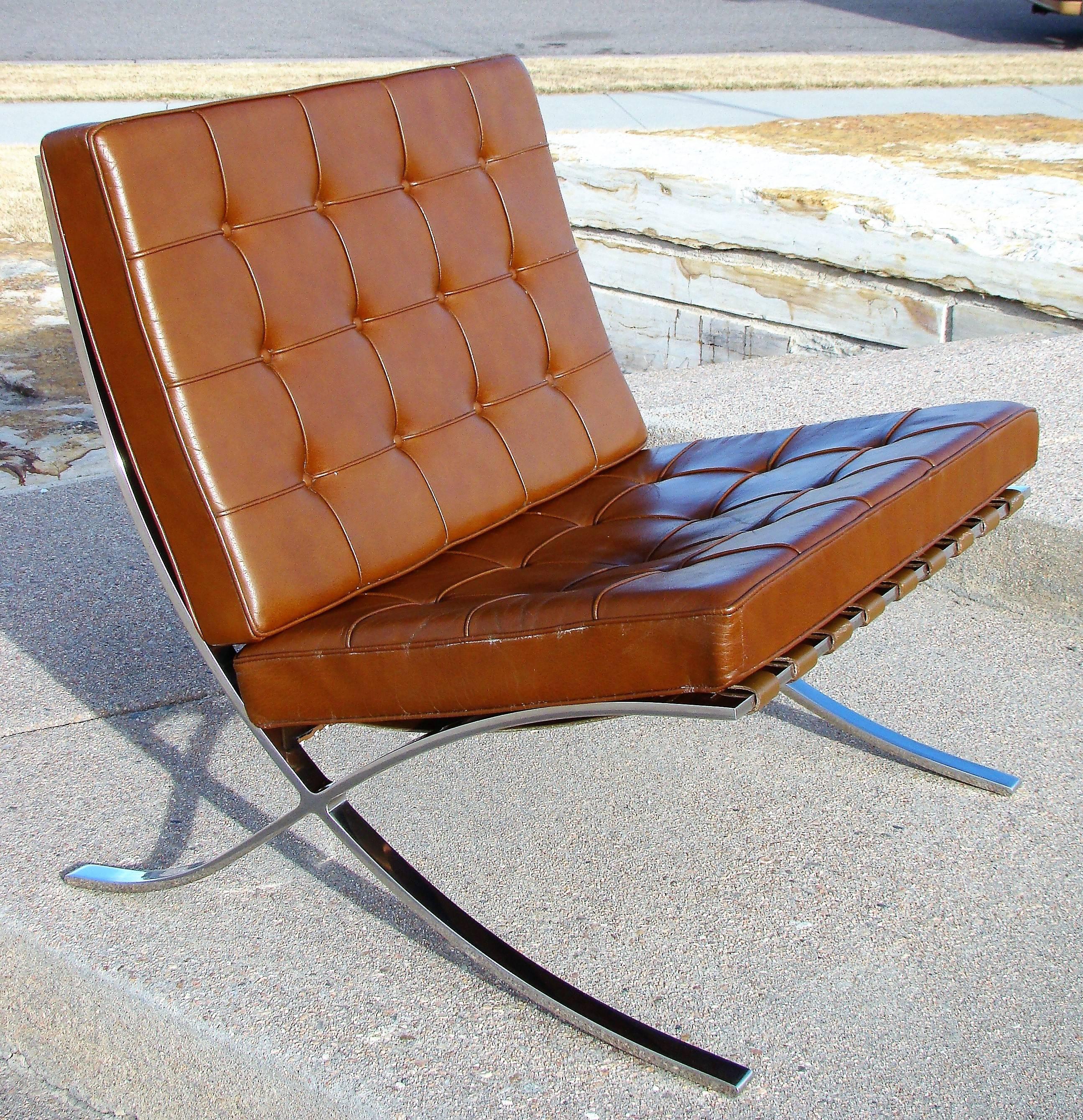 Original Knoll Barcelona Chair in Dark Caramel Leather and Stainless Steel 1