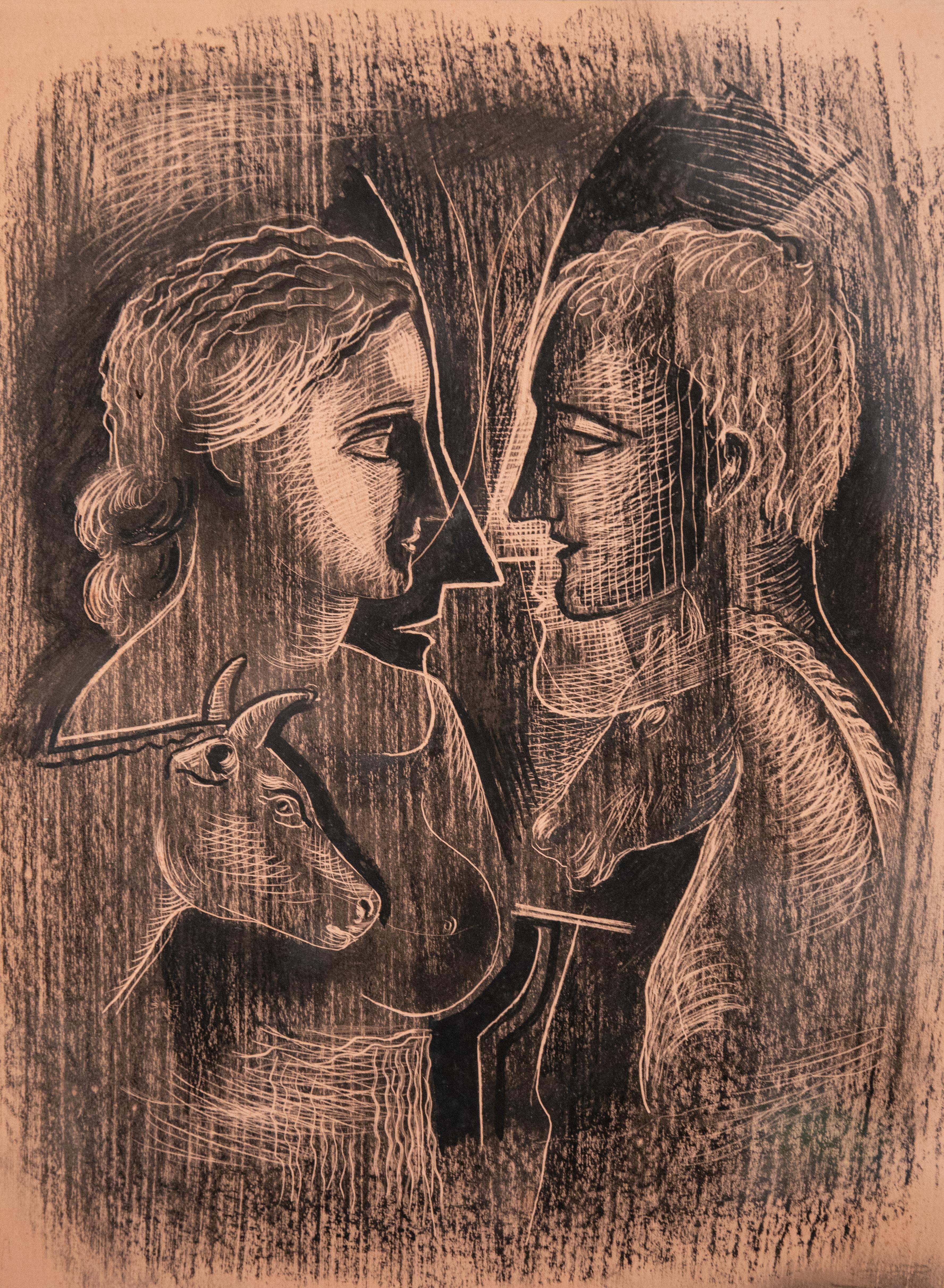 Original Konrad Cramer Sgrafitto, circa 1935. Authentication by Aileen Cramer on verso. Konrad Cramer is often credited as being in important link between German and American modernism in art, and his experimentations with abstraction and