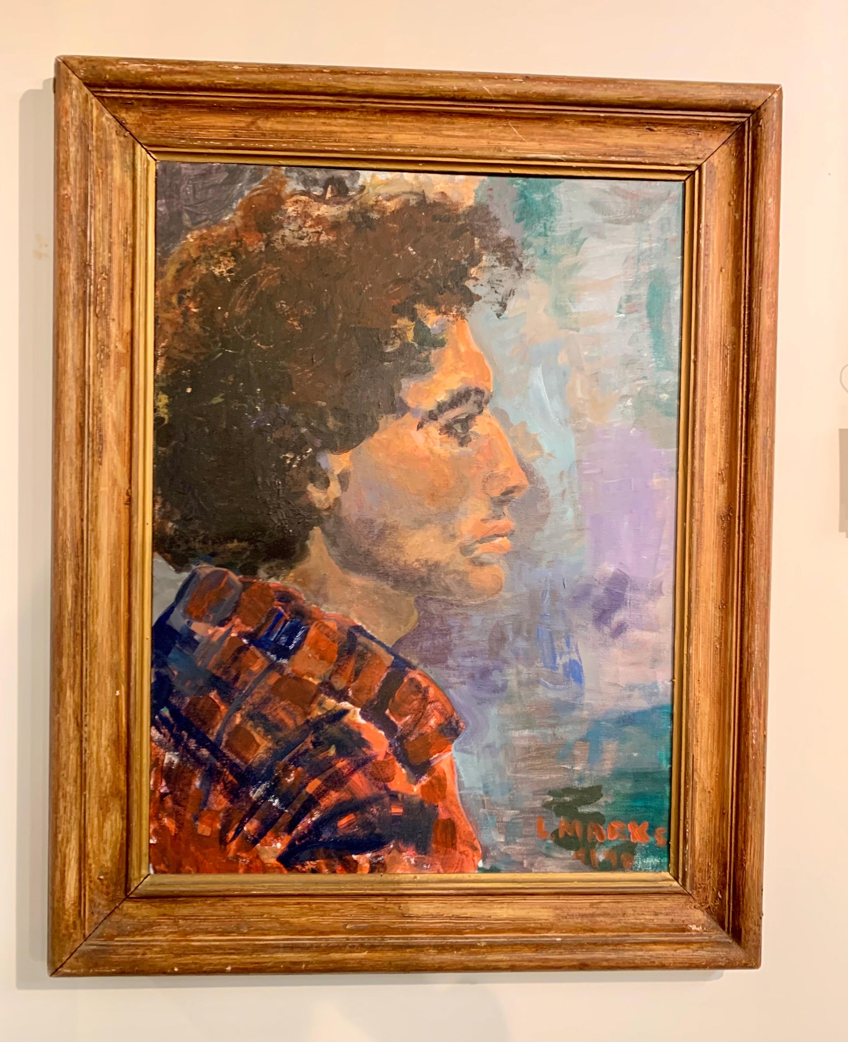 Original 1979 oil on board signed by L. Marks. The subject looks a lot like a younger Bob Dylan but we don't think this was done on purpose. Now more than ever, home is where the heart is.