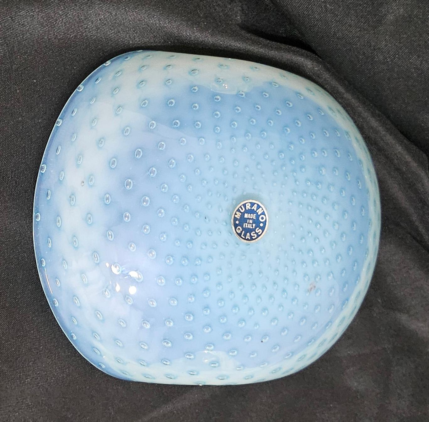 Original Fratelli Toso Label, Murano Glass Bullicante Decorative Dish, Opaline 
Measures about 6.5 x 5.5 x 1.5 inches.
This appears to be an opaline type glass, light blue in white.
On a light background the colors will look lighter.
Good vintage
