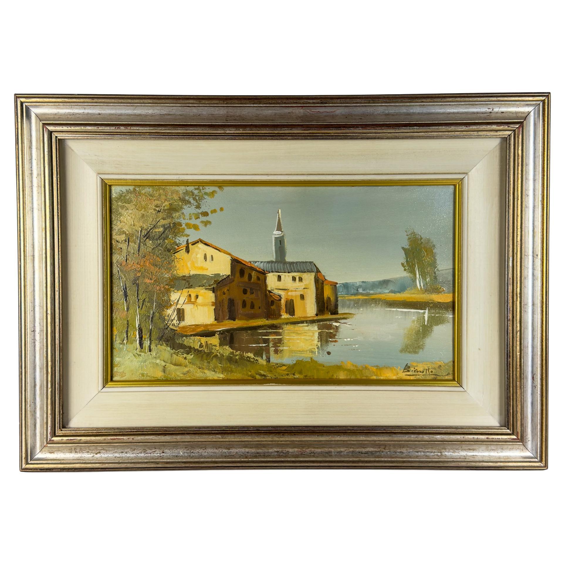 Peinture à l'huile originale de paysage, Italie 1960, signée, encadrée en vente
