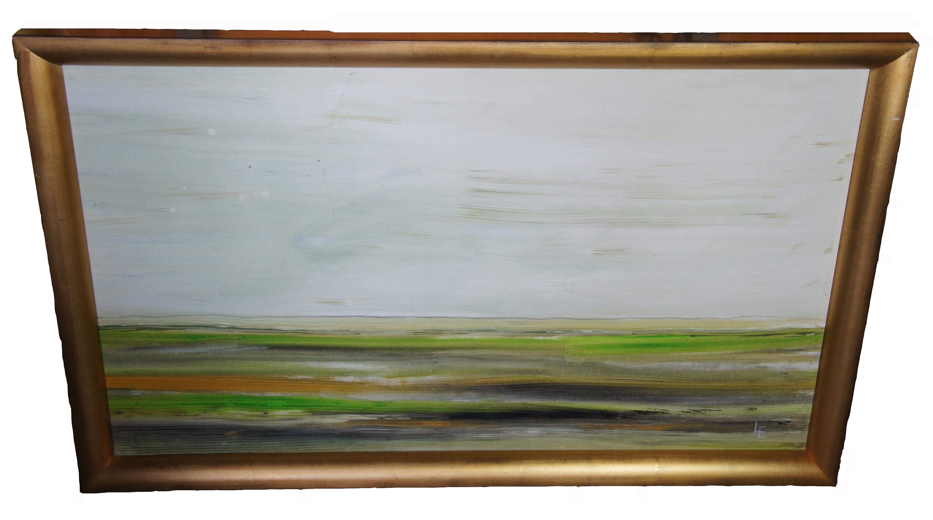 Abstract impressionist landscape signed LE. Features land along the horizon with greens and blues and oranges, painted by a University of Michigan grad student in the 1990s. Oil on canvas, framed in gold.

Measures: 64.5