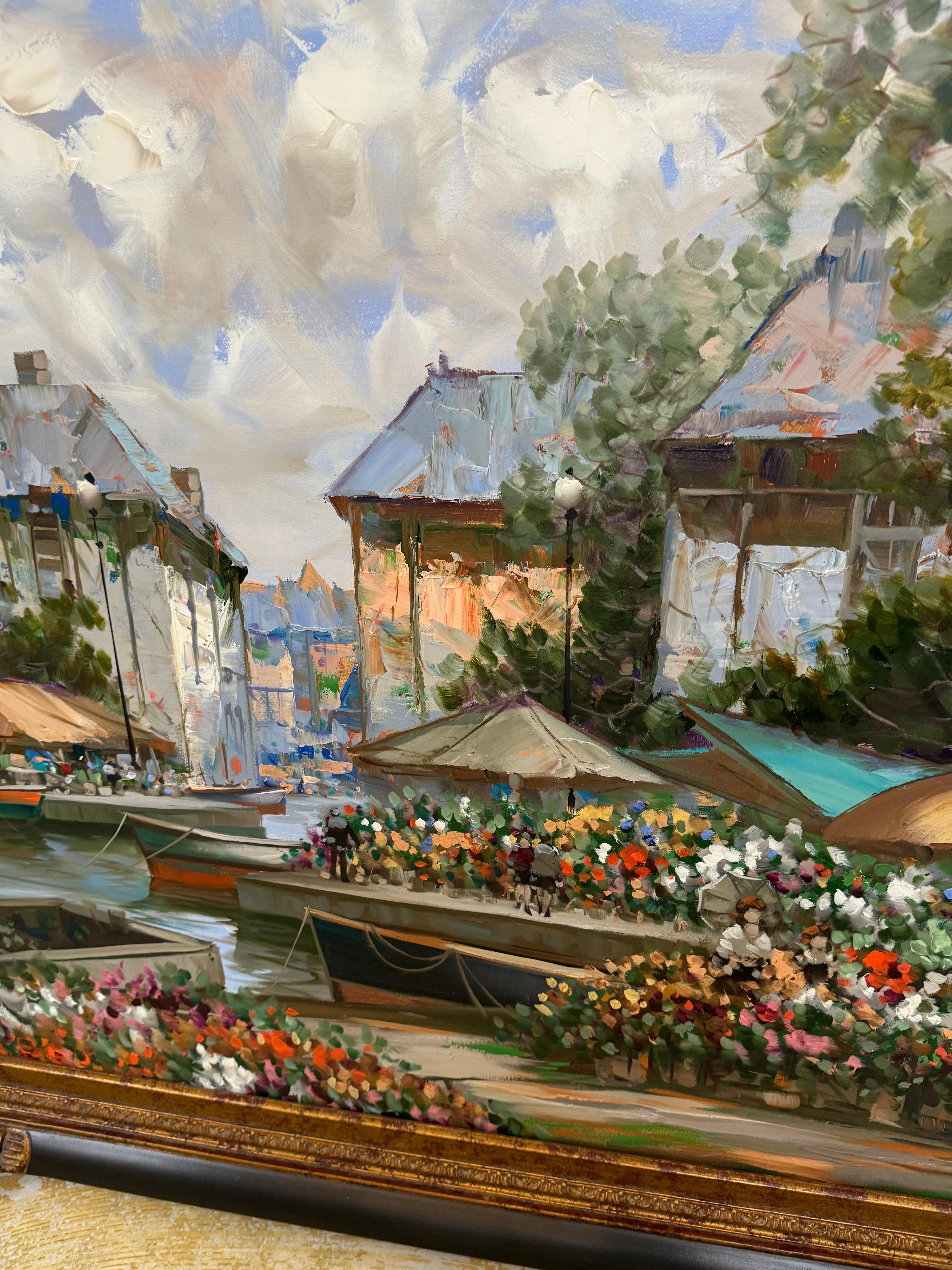 Vintage painting oil on canvas, C. Pierre Latour 1935 2006. Stunning piece of art with vibrant colours.  It is a statement large art piece it will stimulate discussion.  It is in very good condition and it would be perfect above the chimney or any