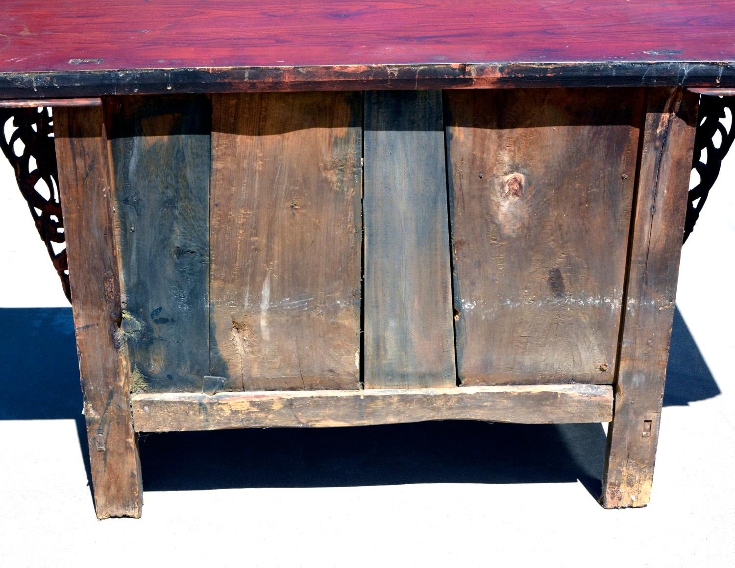 Original Large Antique Chinese Hardwood Red Lacquered Highly Carved Coffer Table For Sale 7