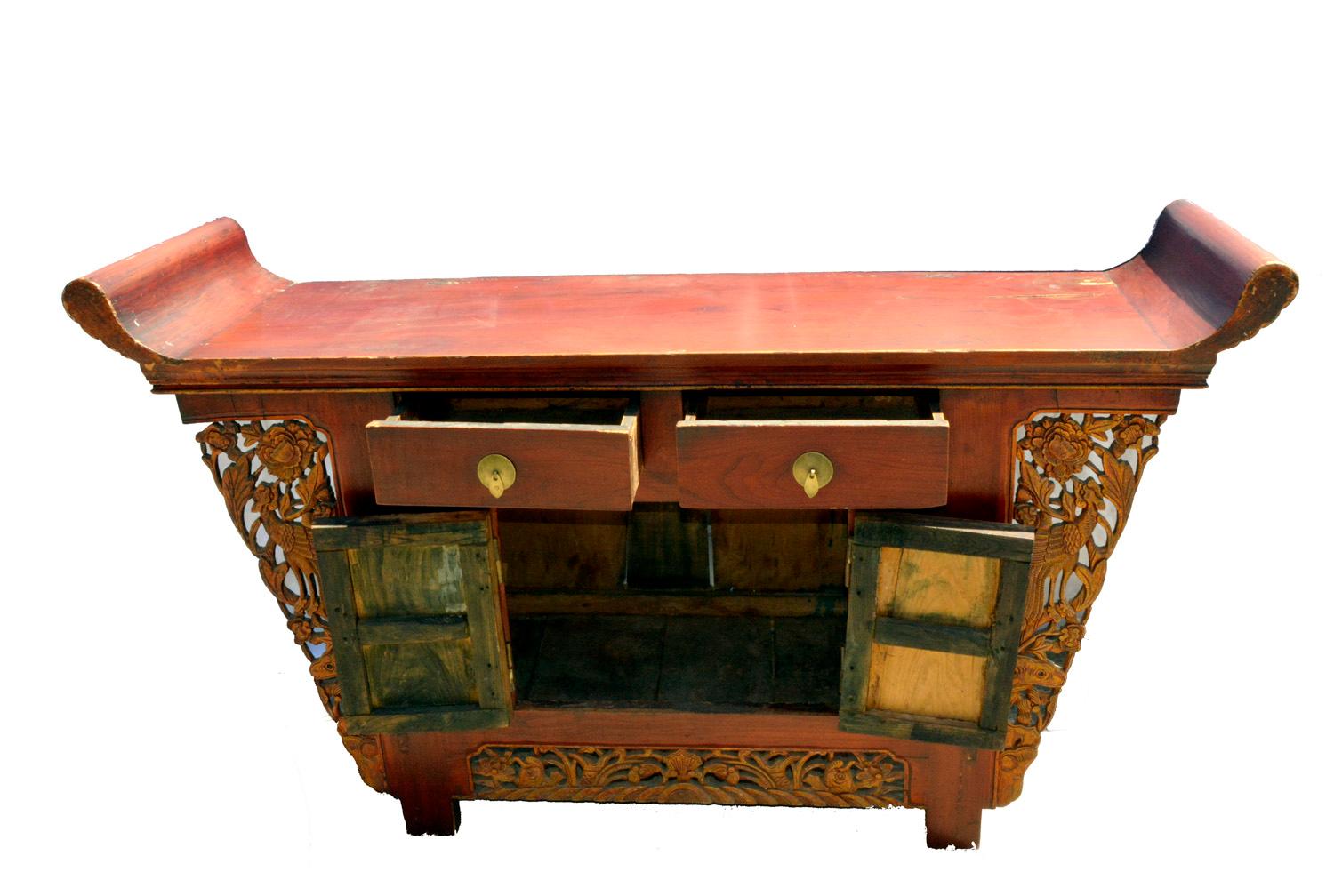 Large Antique Chinese Hardwood red lacquered highly carved coffer table

Item description: Here we are offering an original antique Chinese hardwood highly carved coffer table with original red lacquered finish. It's from early 20th century.