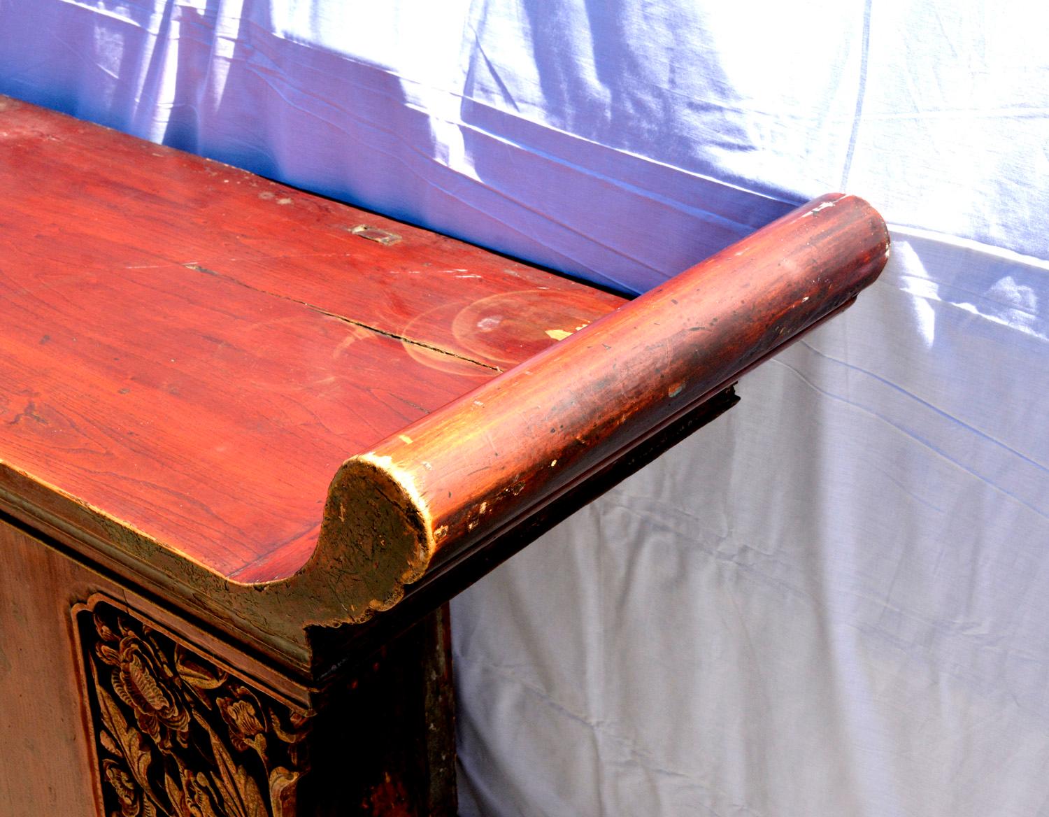 19th Century Original Large Antique Chinese Hardwood Red Lacquered Highly Carved Coffer Table For Sale