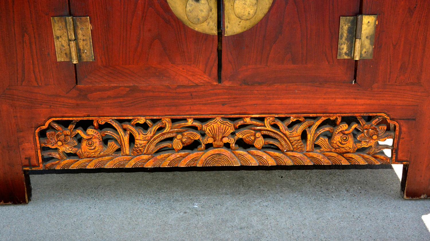 Original Large Antique Chinese Hardwood Red Lacquered Highly Carved Coffer Table For Sale 2