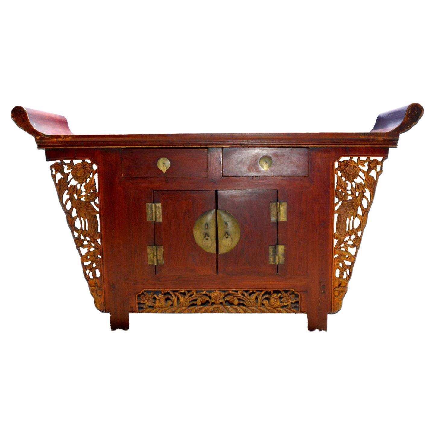 Großer antiker chinesischer rot lackierter, hochgeschnitzter Original-Koffertisch aus Hartholz