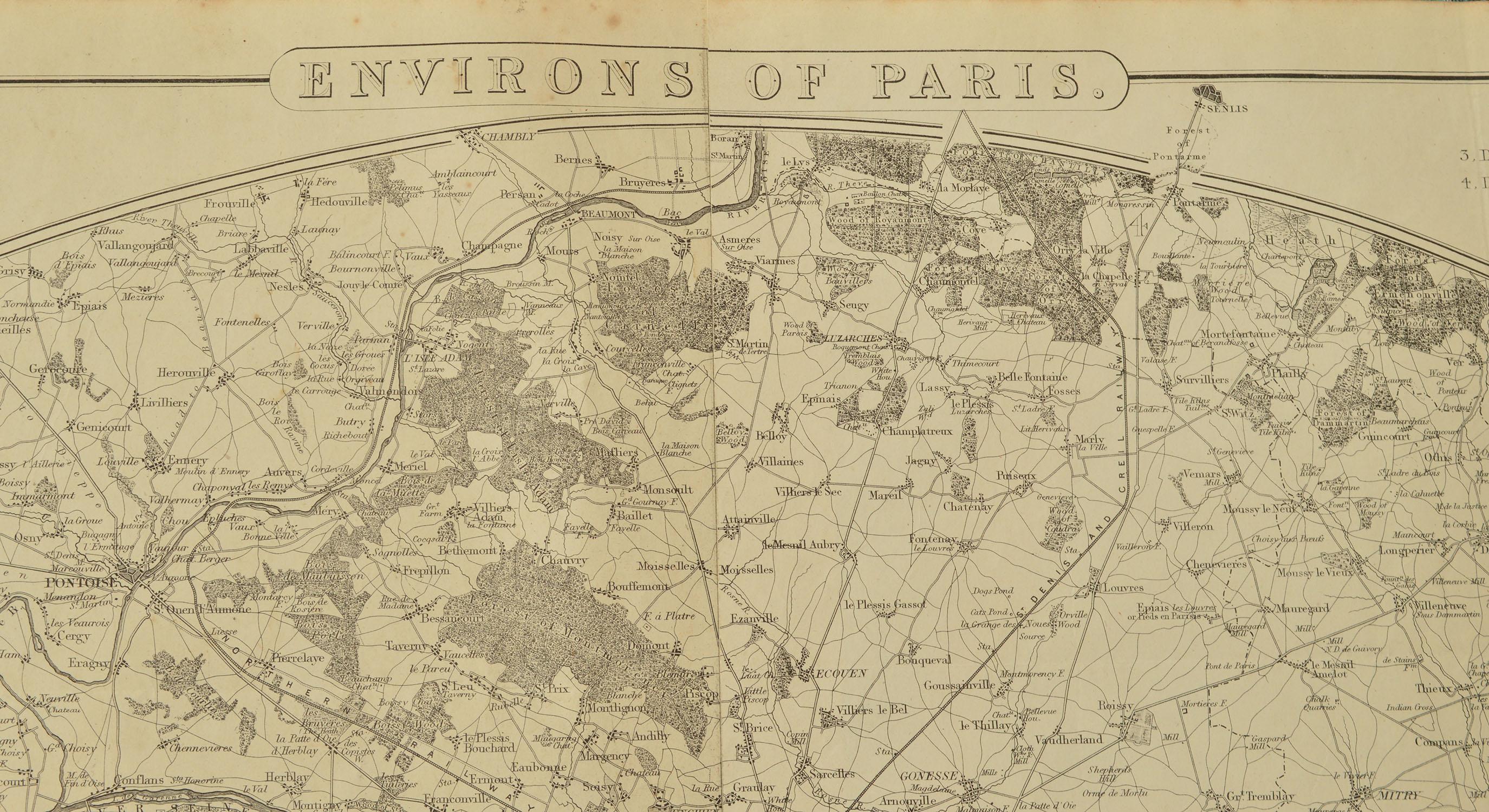 Fabulous monochrome map of Paris.

Vignettes of St Germain En Laye, Saint Cloud, Versailles and Fontainbleau.

Unframed.

Drawn by J.Dower.

Lithography by Weller. 4 sheets joined together.

Published 1861

Good condition. No repairs.




 