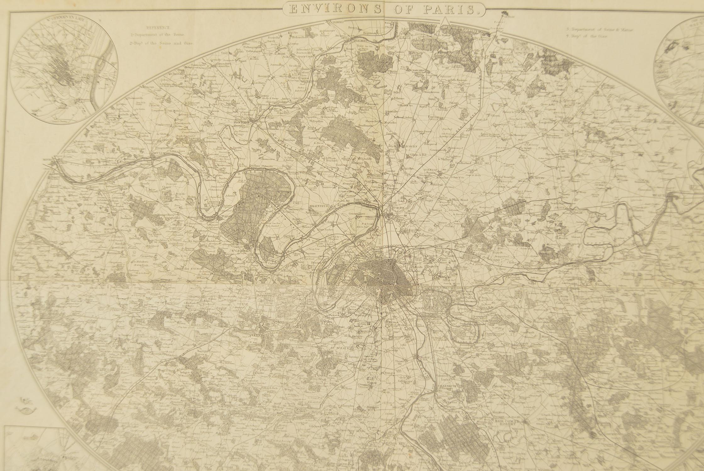 English Original Large Antique Map of Paris, France by John Dower, 1861.