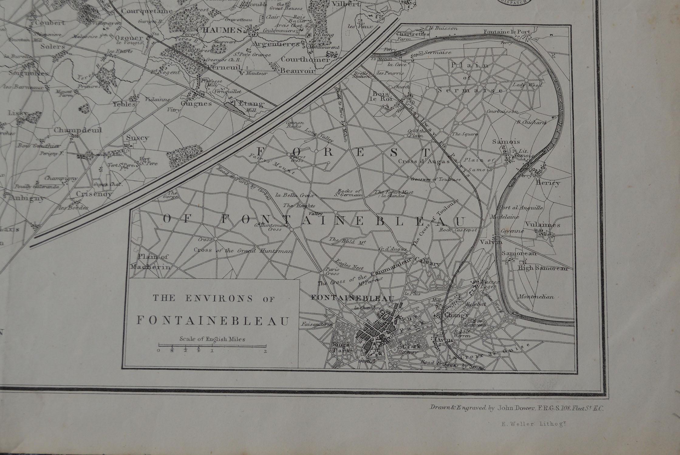 Mid-19th Century Original Large Antique Map of Paris, France by John Dower, 1861.