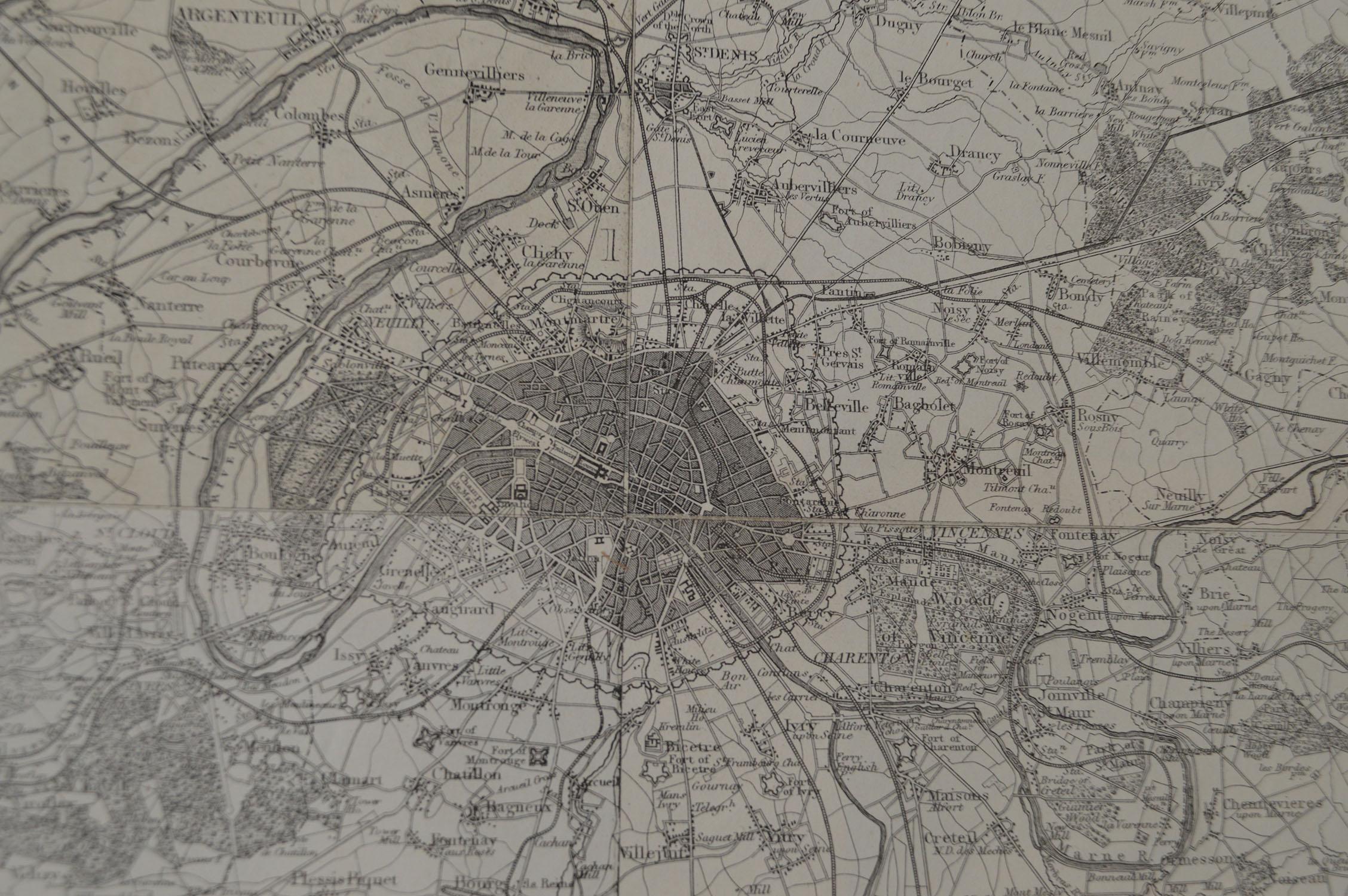 Original Large Antique Map of Paris, France by John Dower, 1861. 1