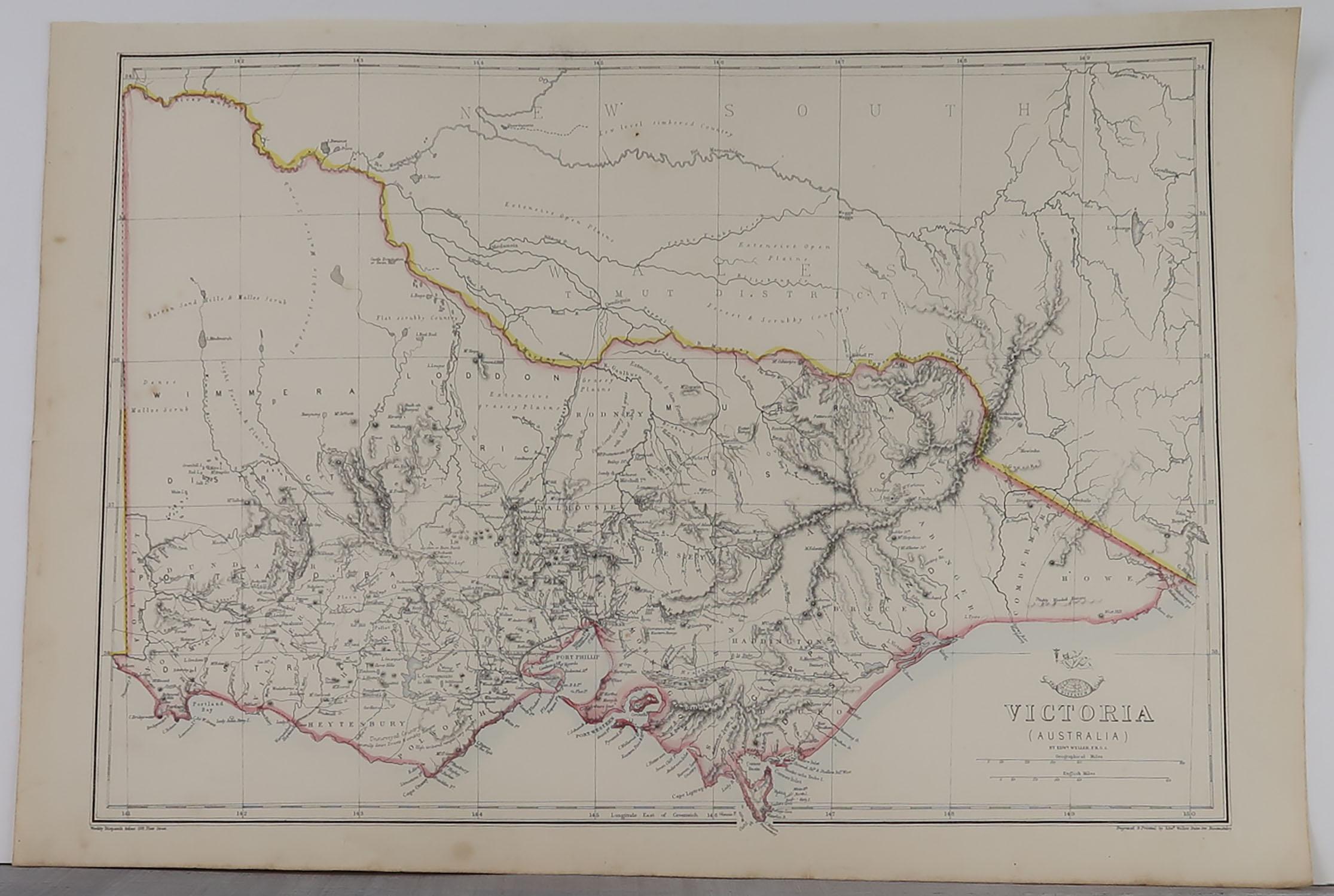 Great map of Victoria

Drawn and engraved by Edward Weller

Original color outline

Published in The Weekly Dispatch Atlas, 1861

A couple of repairs to some tiny edge tears

Unframed.








   