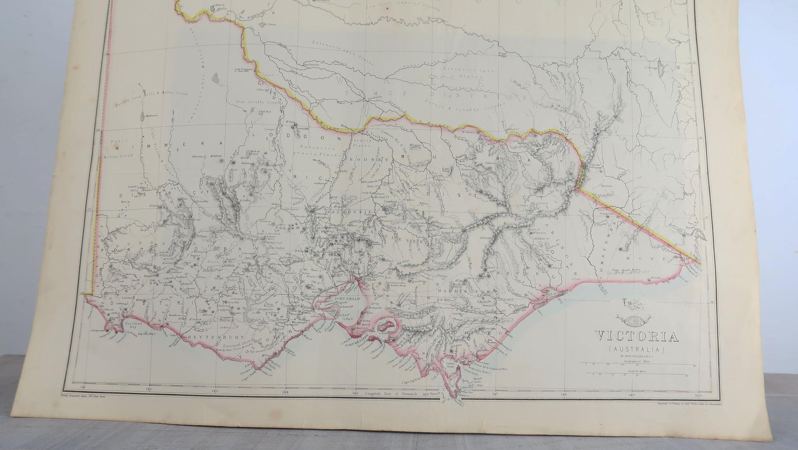 Victorian Large Original Antique Map of Victoria, Australia, 1861