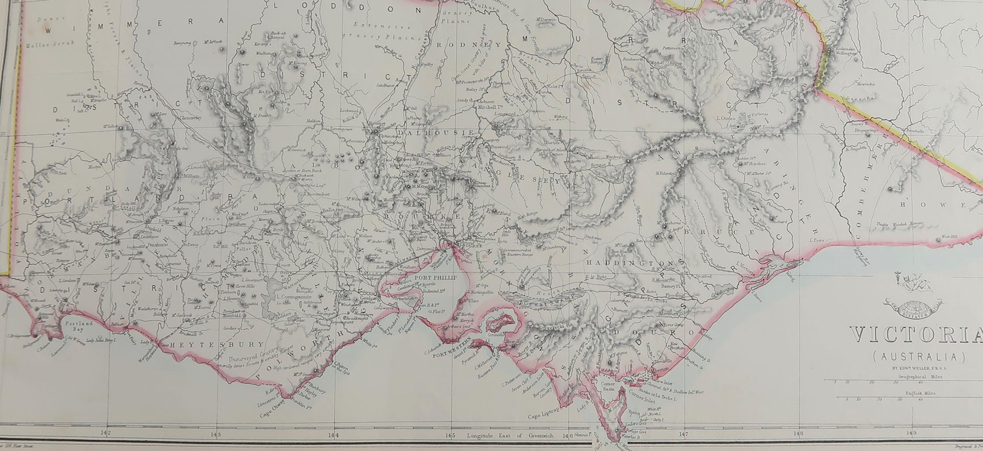 English Large Original Antique Map of Victoria, Australia, 1861