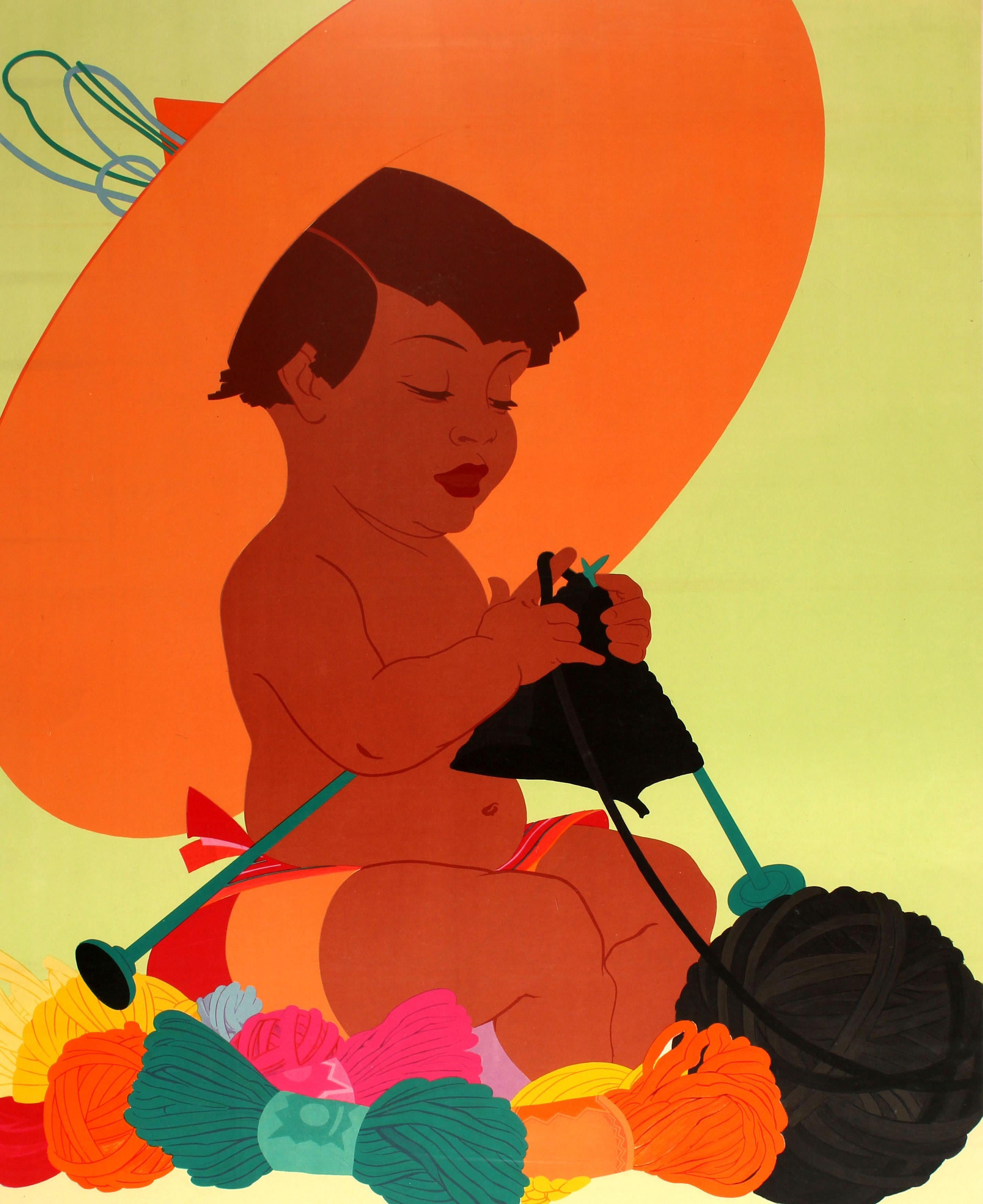 Original vintage advertising poster in German for an exhibition of handicraft works at the Berlin department store KaDeWe (Kaufhaus des Westens): Handarbeits-Ausstellung. Colourful Art Deco style design featuring a young child wearing an oversized