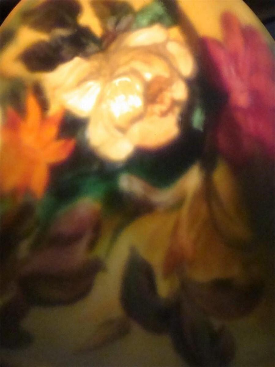 Unknown Original Large European Reverse Painted Glass and Bronze Floral Table Lamp Andre
