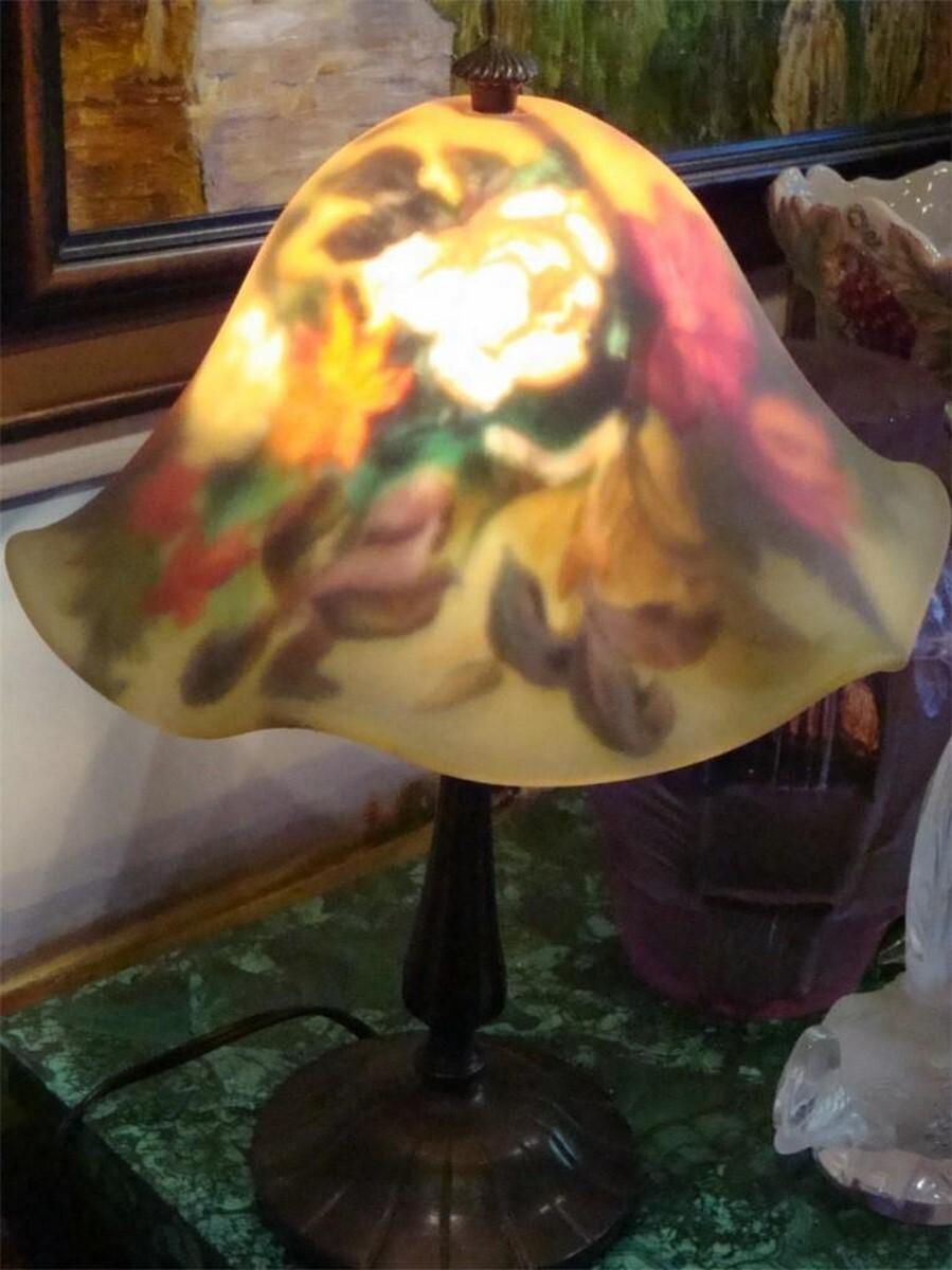 Hand-Painted Original Large European Reverse Painted Glass and Bronze Floral Table Lamp Andre