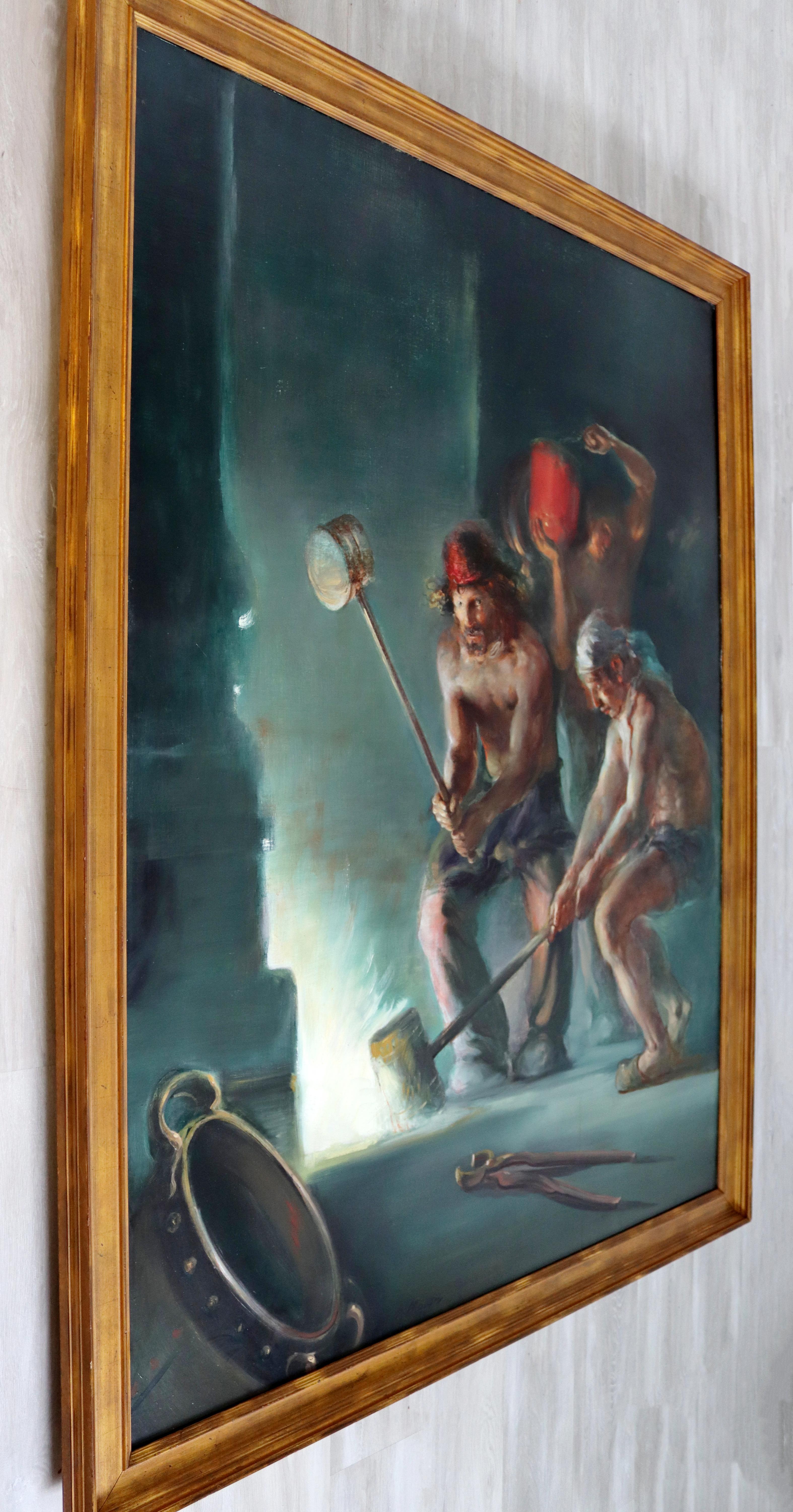 For your consideration is a framed oil on canvas painting, of three working men, entitled 
