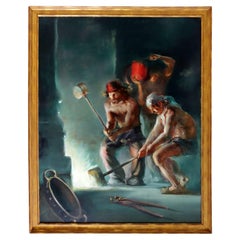 Grande peinture à l'huile originale encadrée sur toile signée Frank Mason The Forge