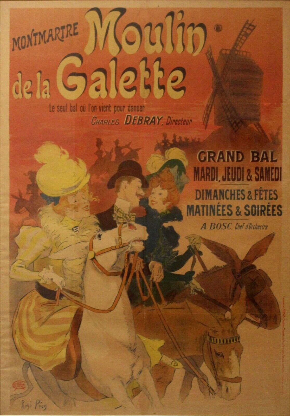 A lovely large-scale vintage poster, depicting Montmarte Moulin de la Galette, by French artist Rene Pean. This is in the iconic style of the artist showcasing elegantly dressed woman in classic Parisian landscapes. Dimensions: 47.5w x 1.5d x 65h