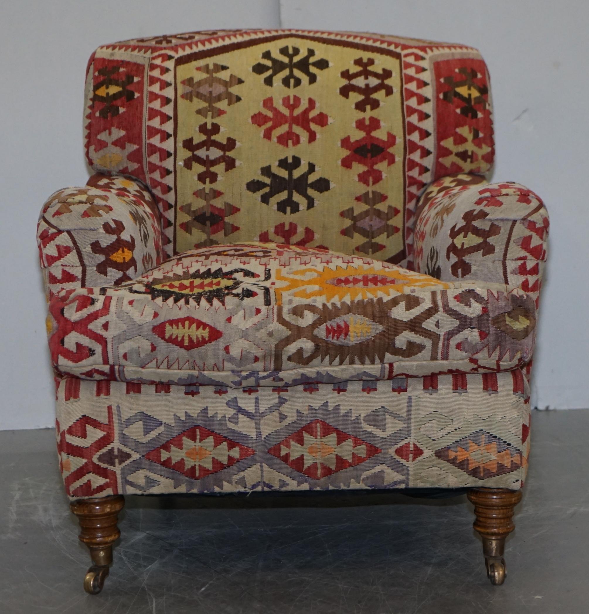 We are delighted to offer for sale this sublime and highly collectable George Smith Signature Scroll Arm Aztec Kilim Armchair with oversized feather filled cushion 

This is just about the finest armchair available to buy today upholstered with